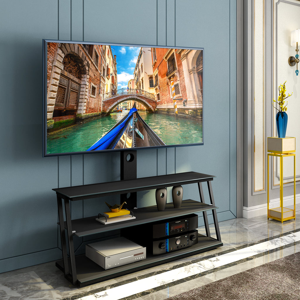 Black metal frame TV stand with tempered glass shelves close-up