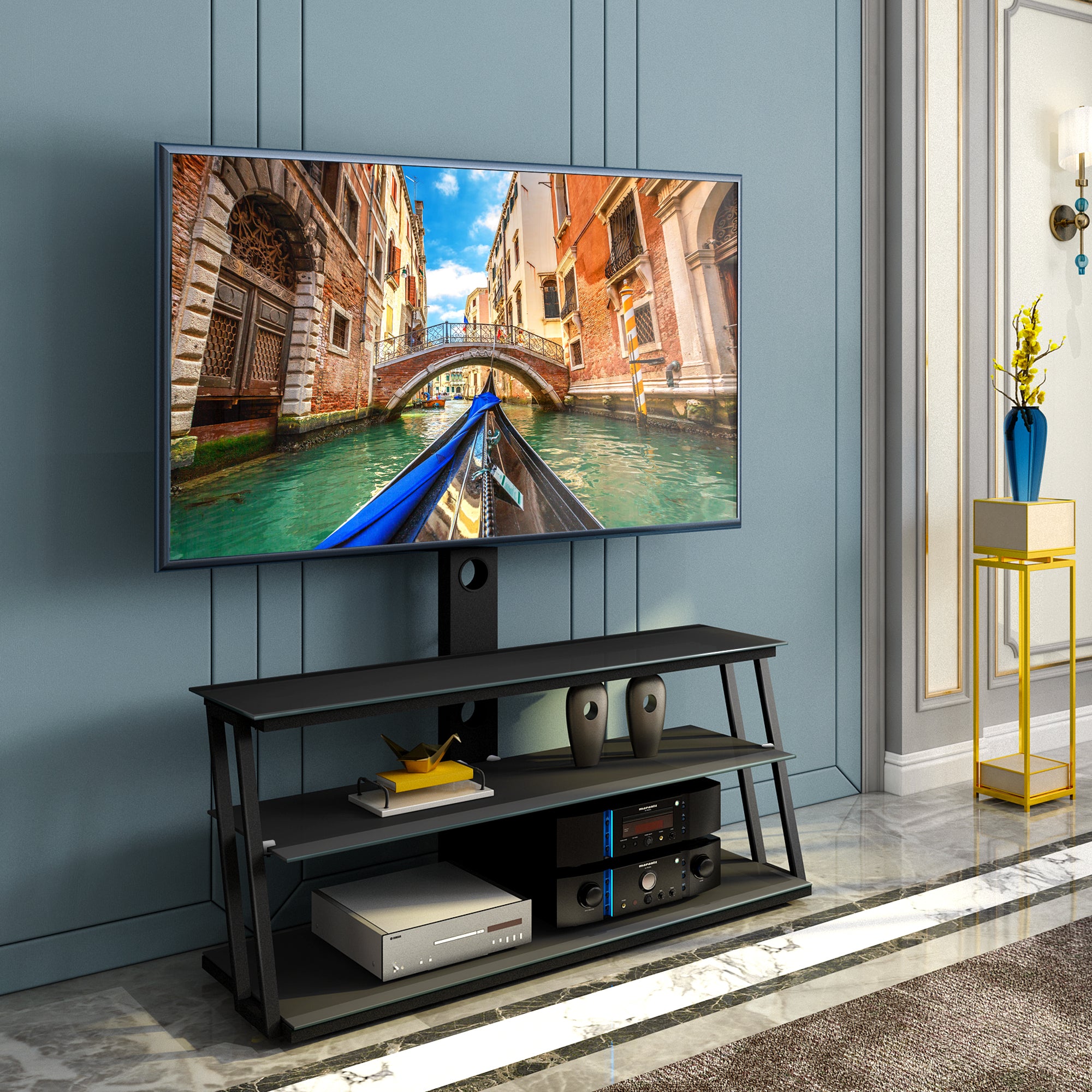 Black metal frame TV stand with tempered glass shelves close-up