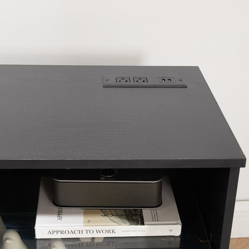 TV Stand with Electric Fireplace — Glass Shelves & USB Outlets for TVs Up to 62"