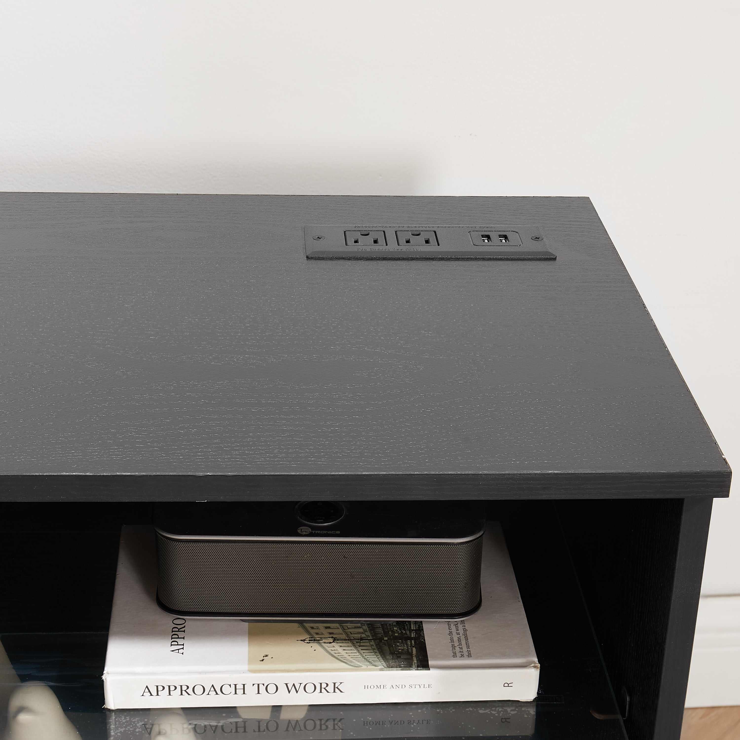 TV Stand with Electric Fireplace — Glass Shelves & USB Outlets for TVs Up to 62"