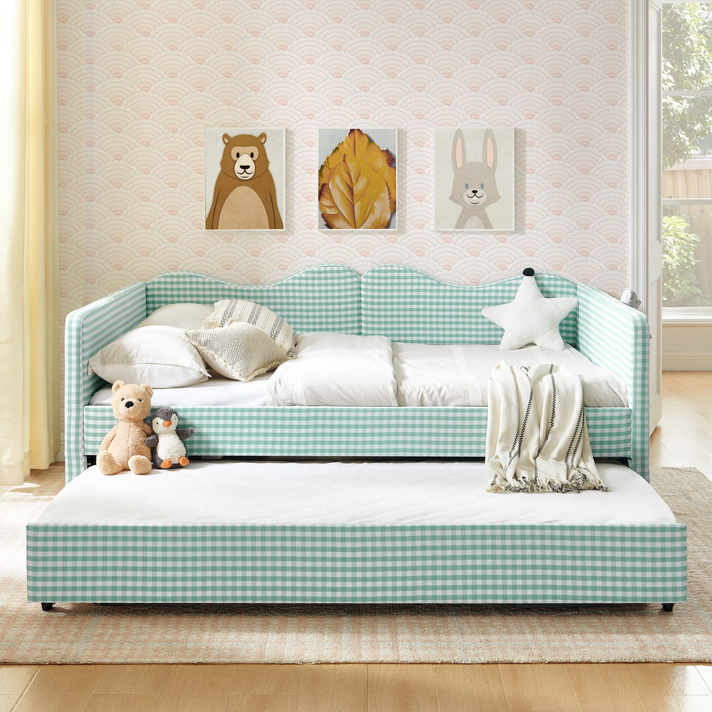 Full‑Size Daybed,Gingham Upholstered Daybed Equipped with Pull-Out Trundle Bed Frame & Side Storage Pocket, Solid Wood Frame Multi-Functional Sofa Bed for Kids Room & Guest Bedroom-PINK