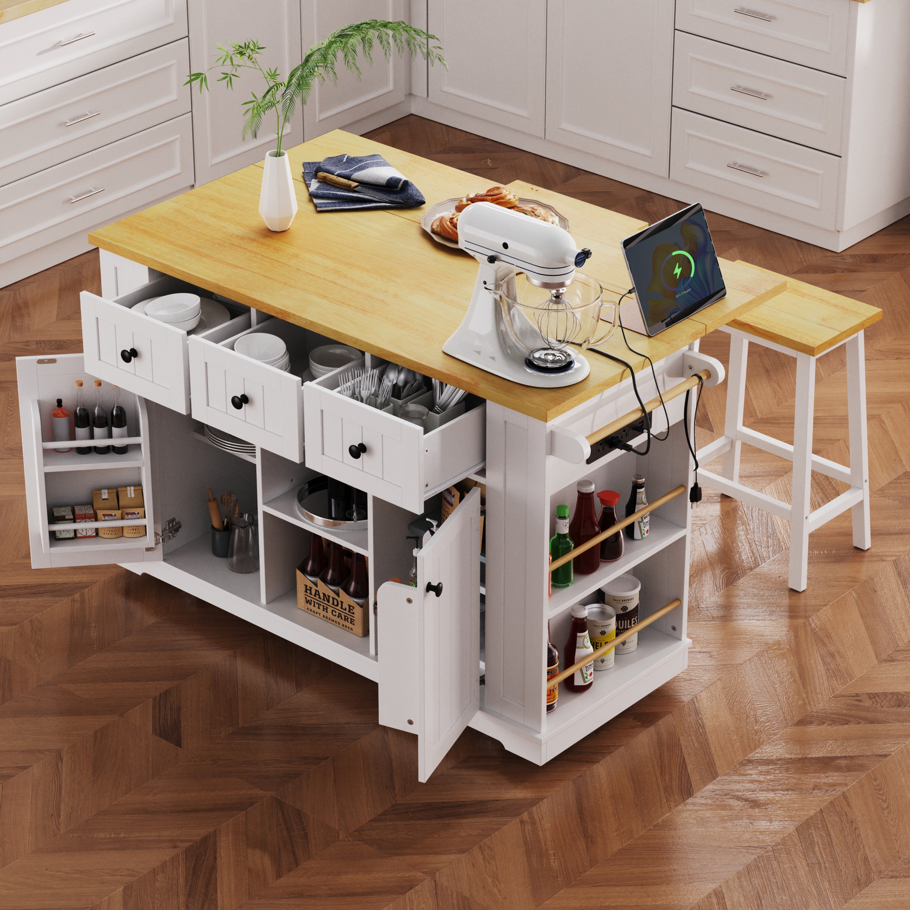 K&K 53inch Large Kitchen Island with Drop Leaf,Power Outlet,Door Internal Storage Rack,Rolling Kitchen Cart on 5 Wheels with 5 Open Side Racks for Kitchen,Black(Two Packages)(Stools not included)