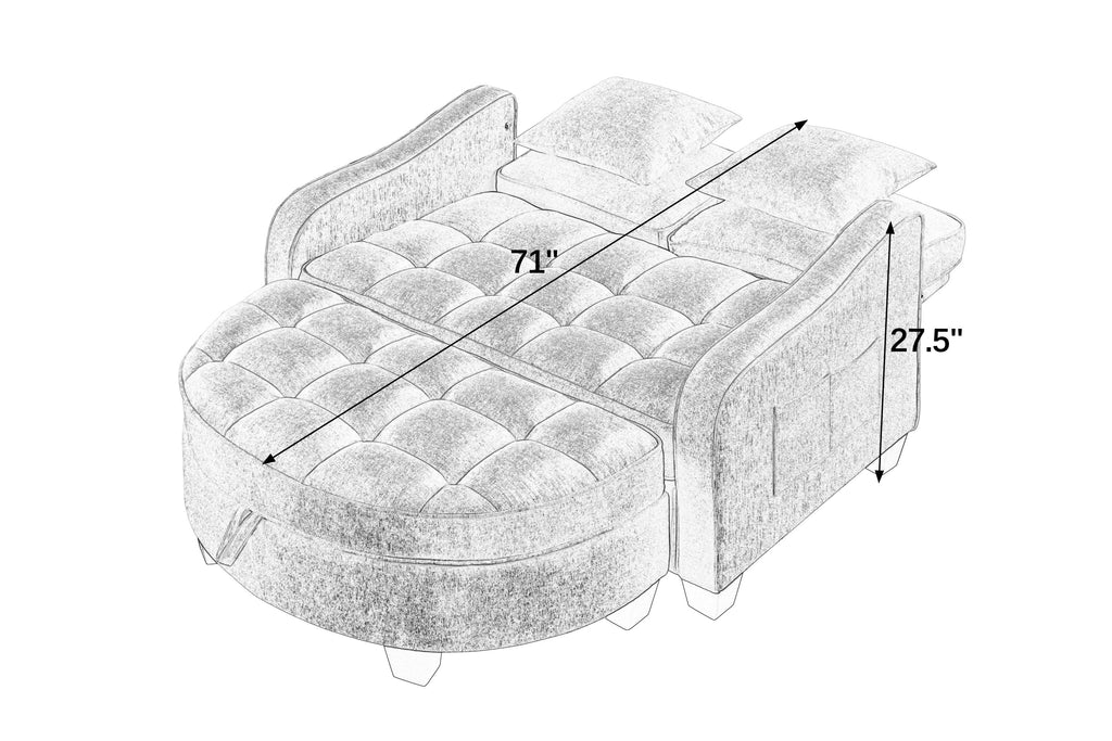 Corduroy 2-Seater Sofa Chaise — Storage Footrest & 2 Pillows, 42.7" Wide