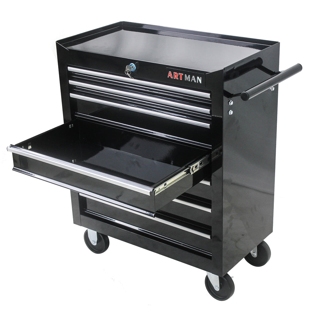 Black tool cart drawer interior storage for tools and supplies