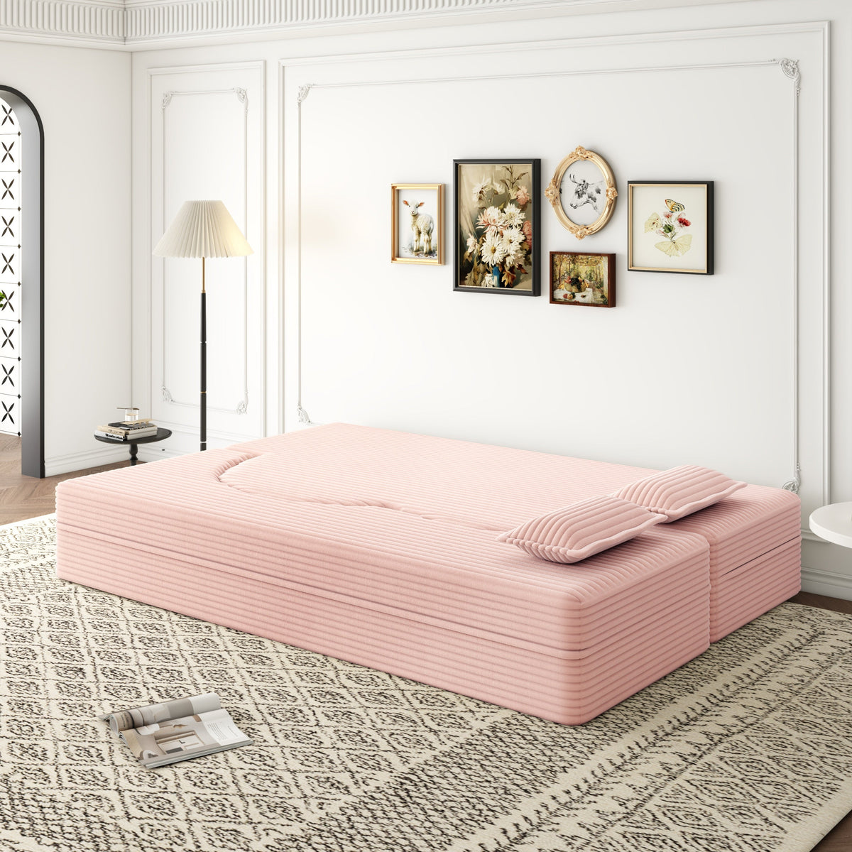 Modern Floor Sofa with 2 Pillows, Convertible Plush Corduroy Foam-Filled Sleeper Sofa Bed,15 ' Full Size Folding Mattress for Living Room, Guest Bed, no assembly required, Light Grey