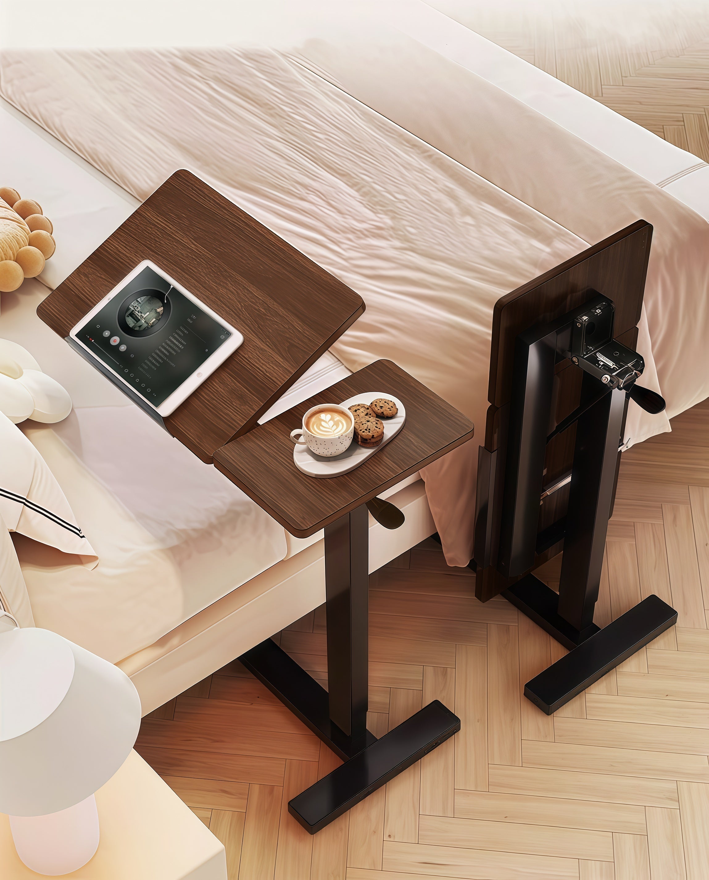 (UPGRADED) Overbed Bedside Desk, Mobile Rolling Laptop Stand Tilting Overbed Table with Wheels, Height Adjustable Tray Bedside Table for Laptop Bed Sofa, WHITE