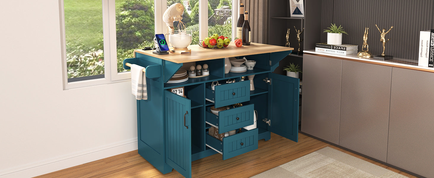 K&K 55.7'' Large Kitchen Island with 2 Drop Leaf,, Rolling Kitchen Cart on 5 Wheels with Power Outlet, Folding Storage Dining Table with Spice & Towel Rack , 3 Drawers, for Kitchen, Dining Room,Black