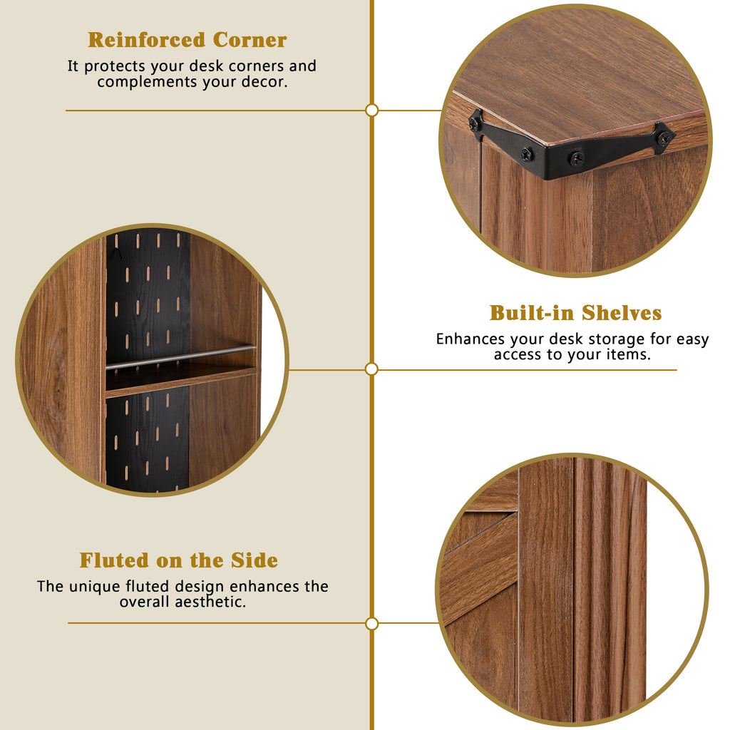 Dark walnut MDF desk drawer slides and metal handles close-up