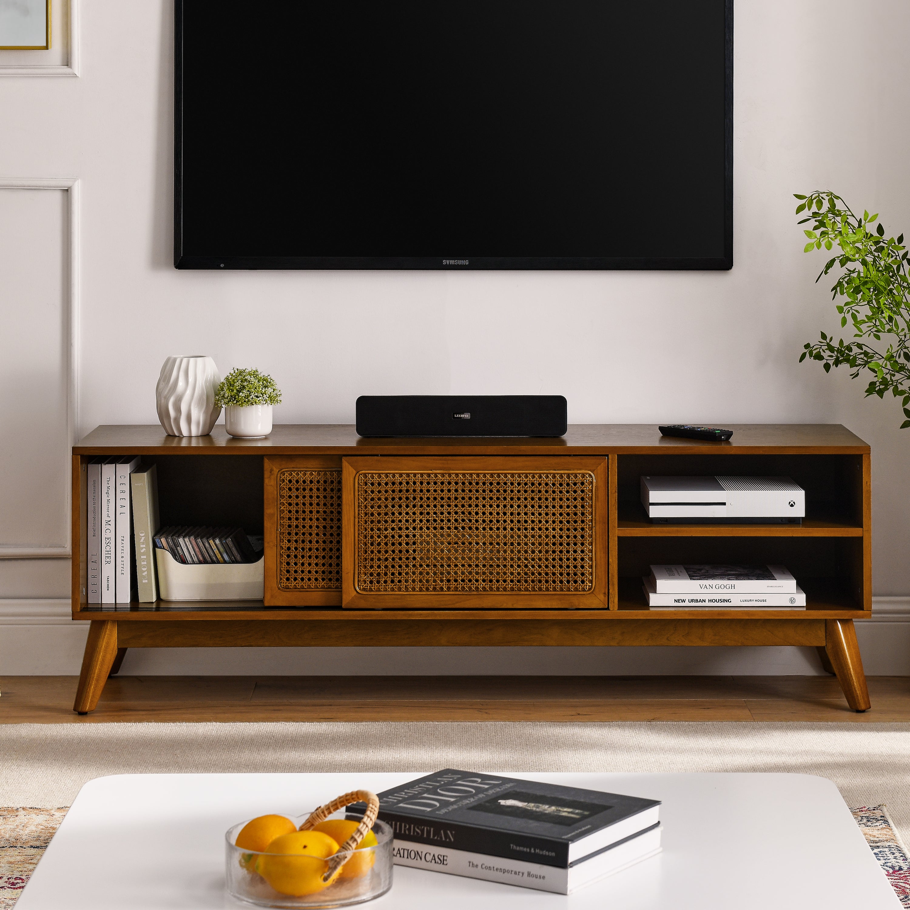 59-inch light wood TV stand with rattan cabinet doors