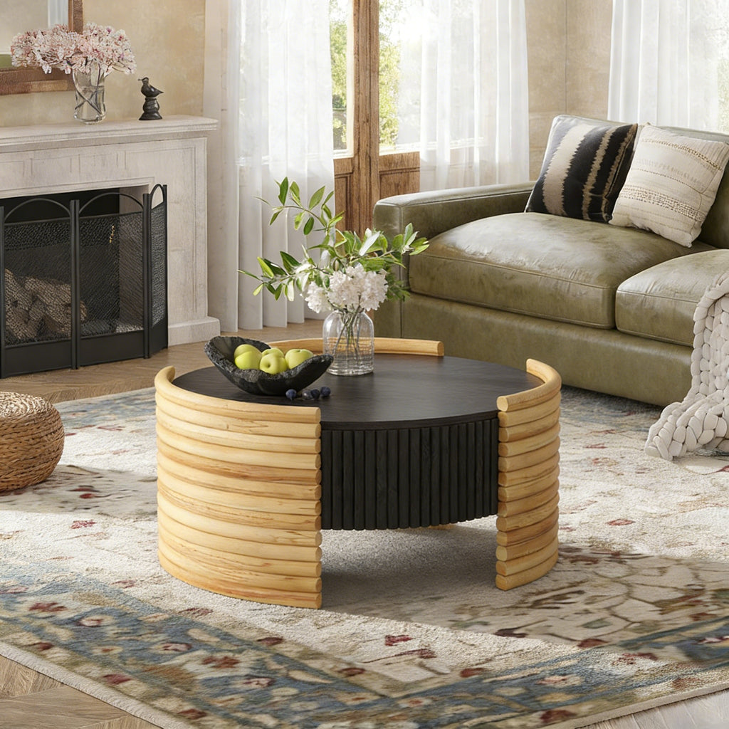 Two-tone colorblock round coffee table natural wood fluted sides — angle view