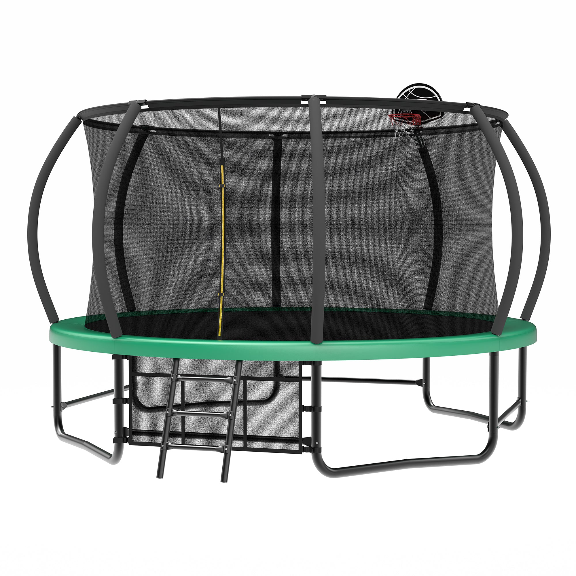 Green trampoline 8-pole foam-padded safety enclosure detail