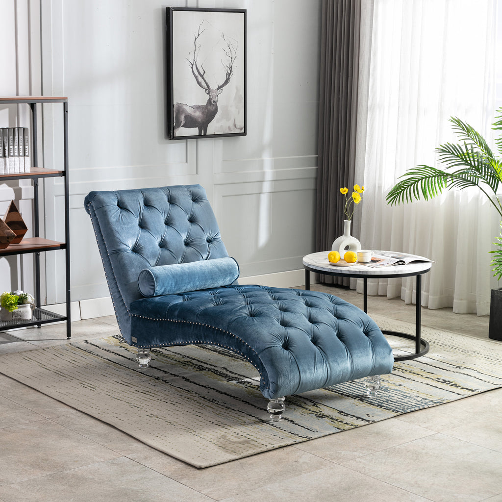 Button-tufted light blue velvet chaise lounge angle view