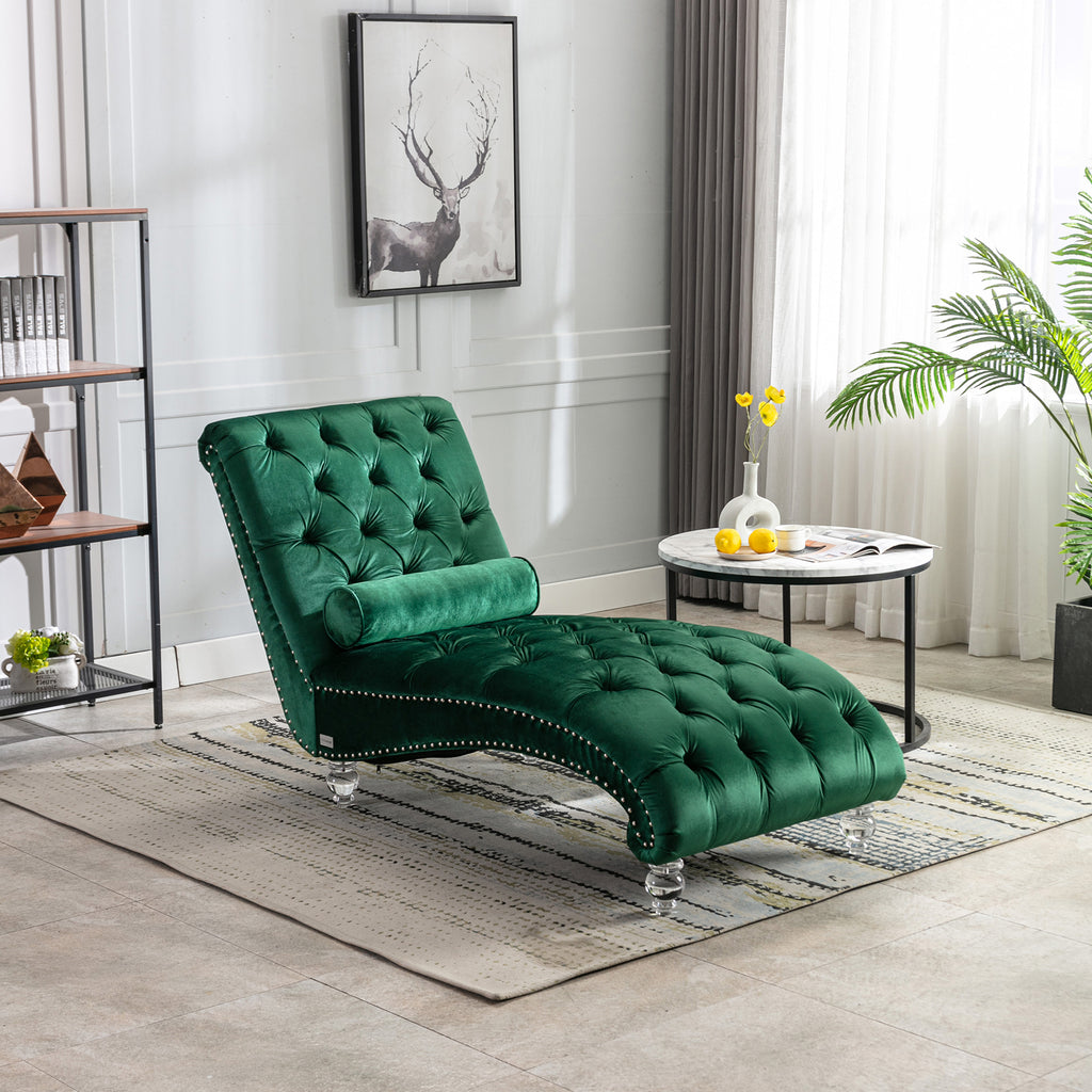 Button-tufted emerald velvet chaise lounge angle view