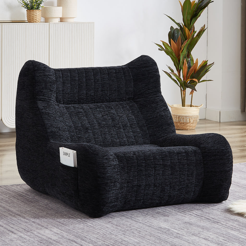 Black Chenille Bean Bag Chair with Armrests — Oversized Floor Sofa & Side Pocket — image 15
