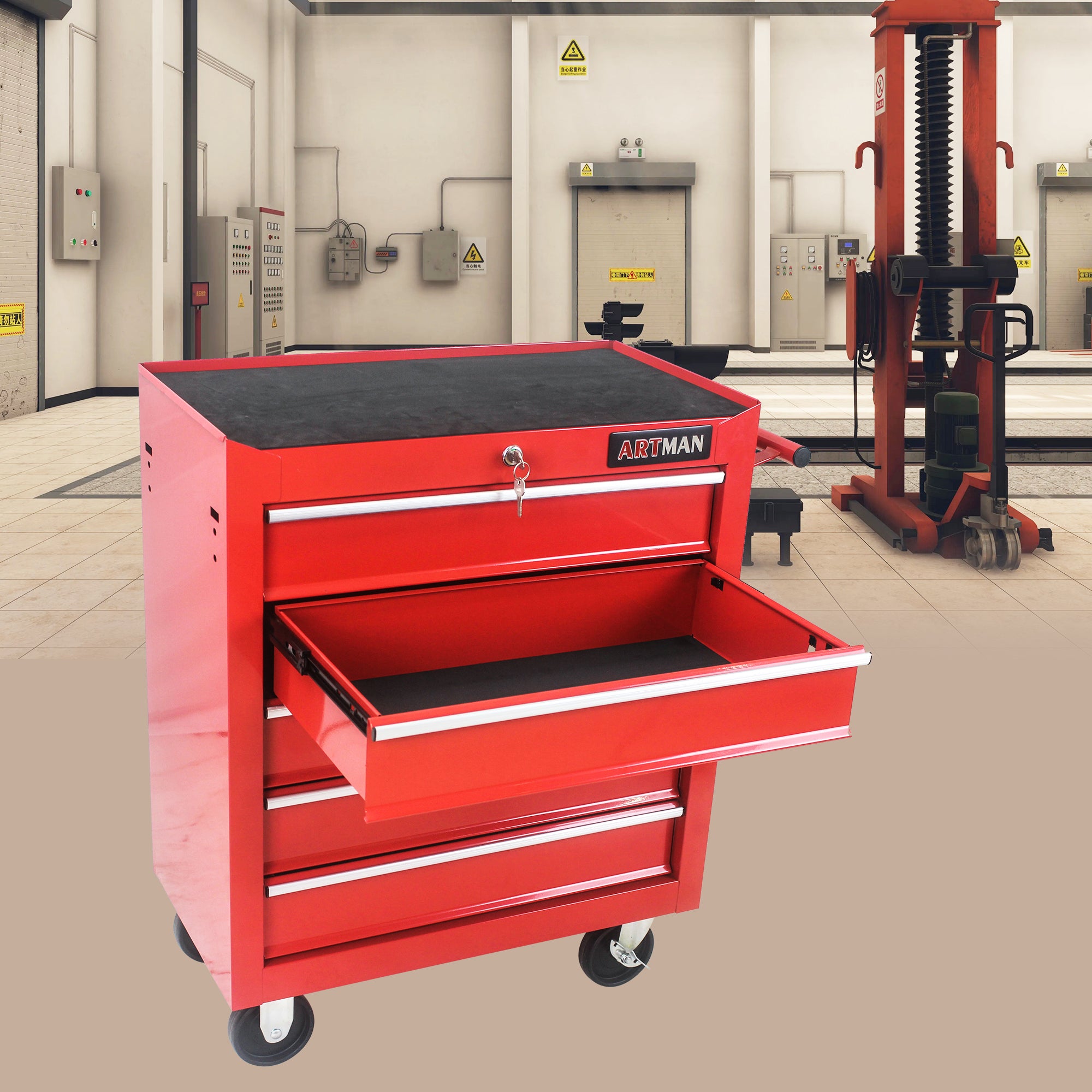 Multifunctional tool storage cart on casters — angle view