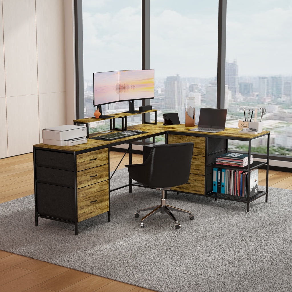 Rustic brown L-shaped desk monitor riser ergonomic setup