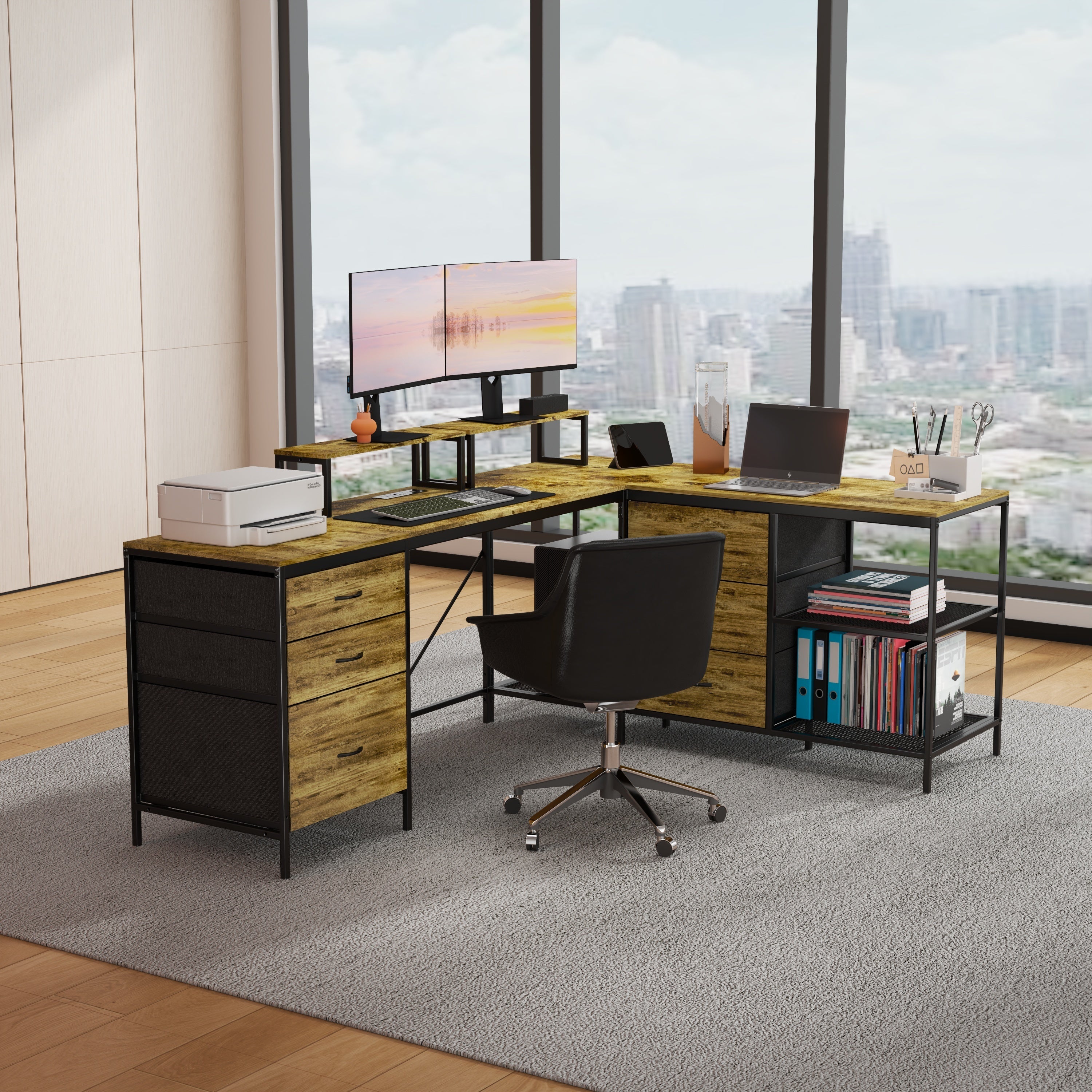 Rustic brown L-shaped desk monitor riser ergonomic setup