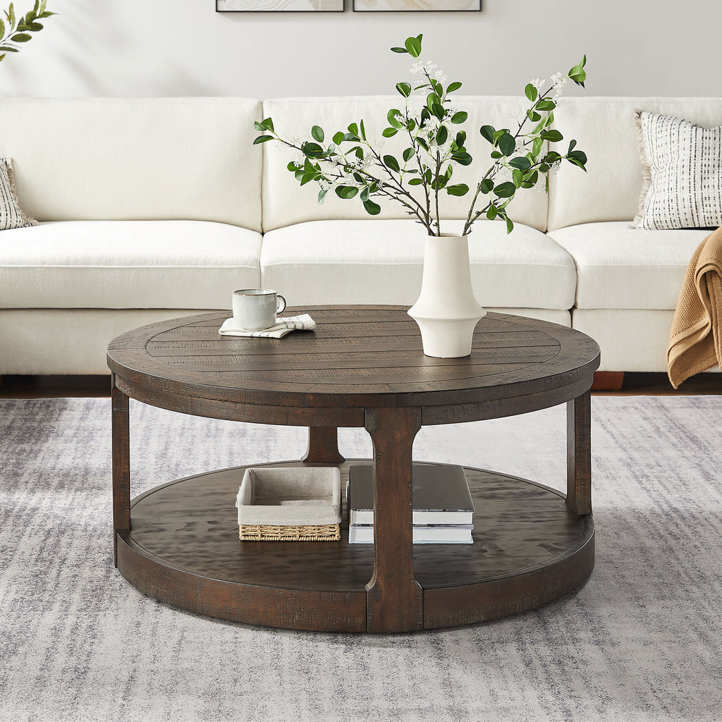 Brown round 2-tier coffee table rustic wood — front view