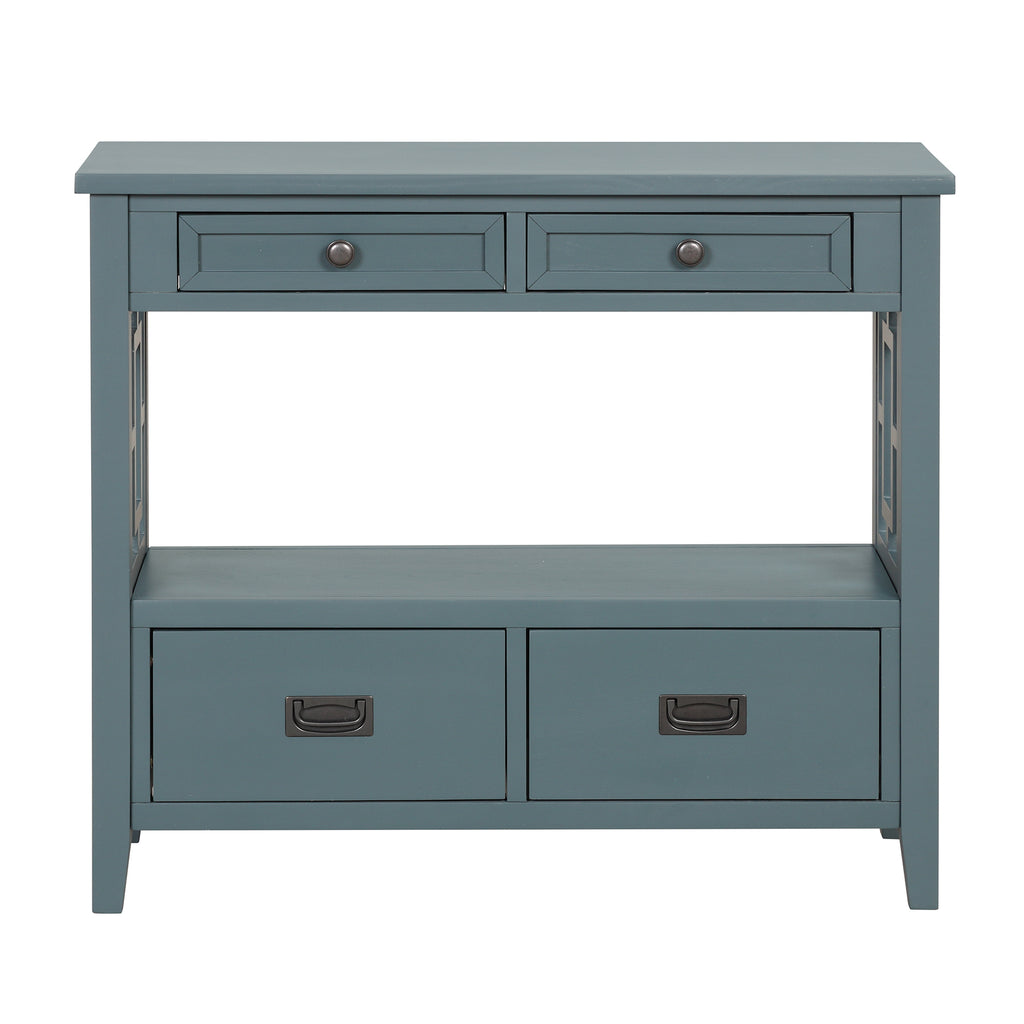 Console table four drawer storage blue detail