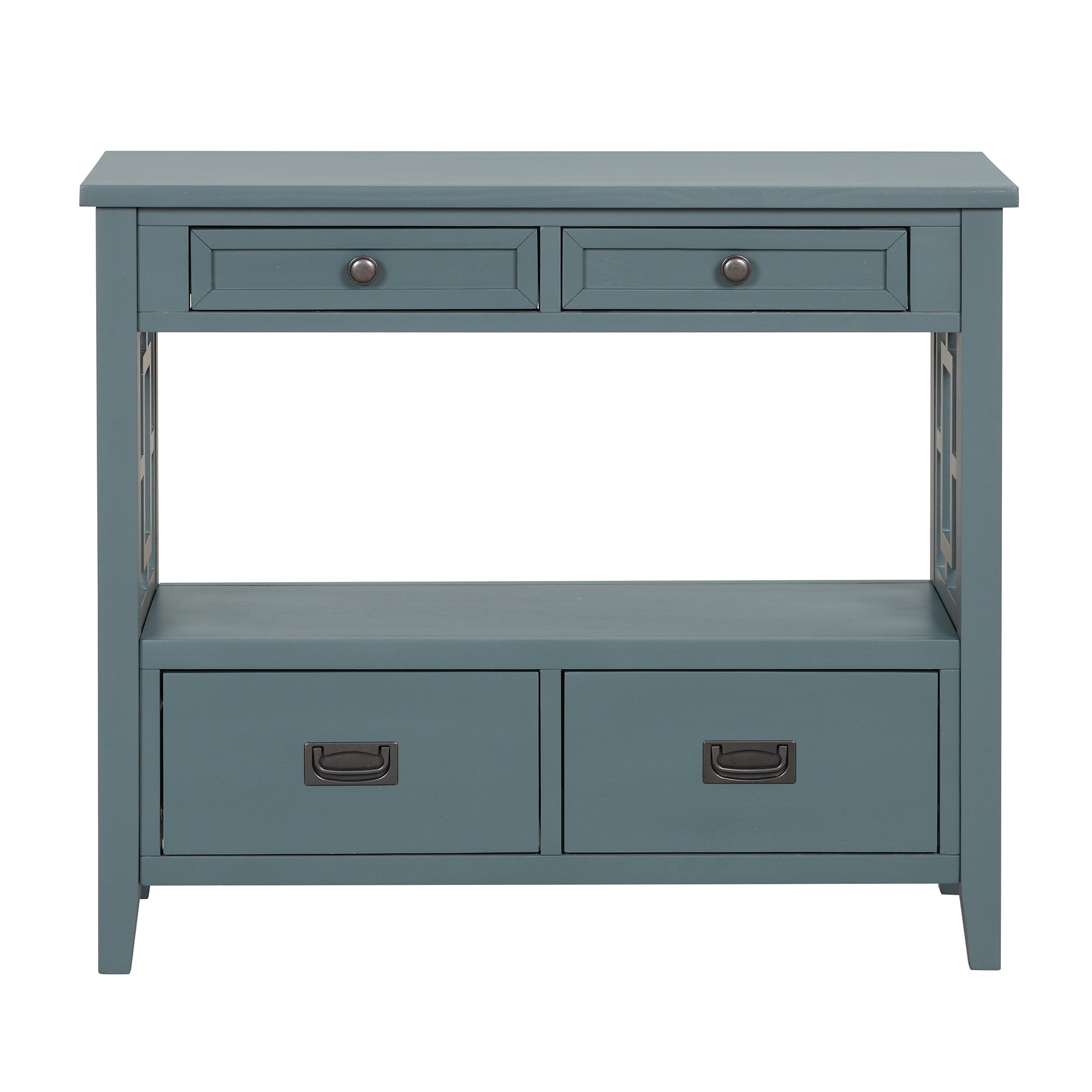 Console table four drawer storage blue detail