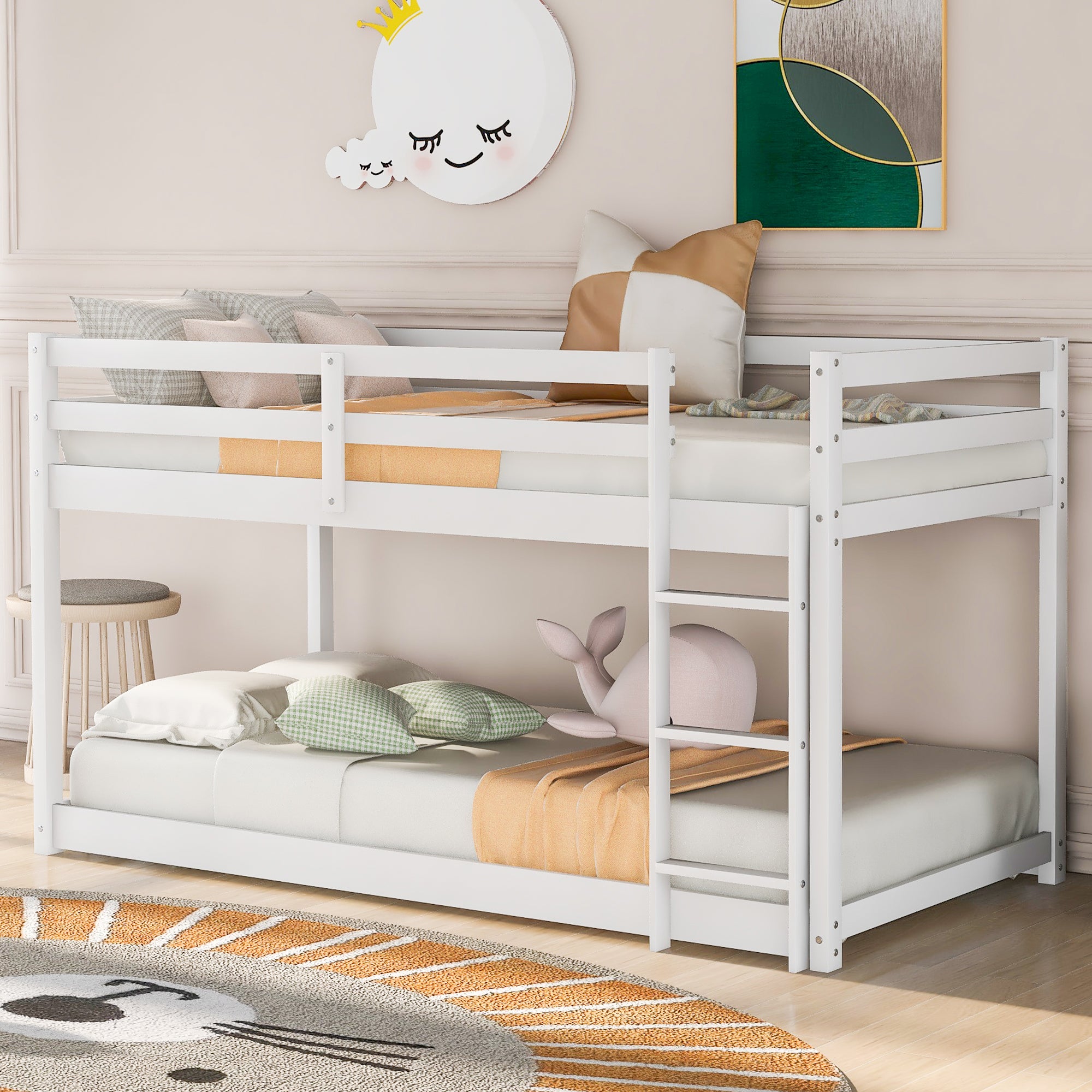 Low-profile twin bunk bed in white finish — angle view