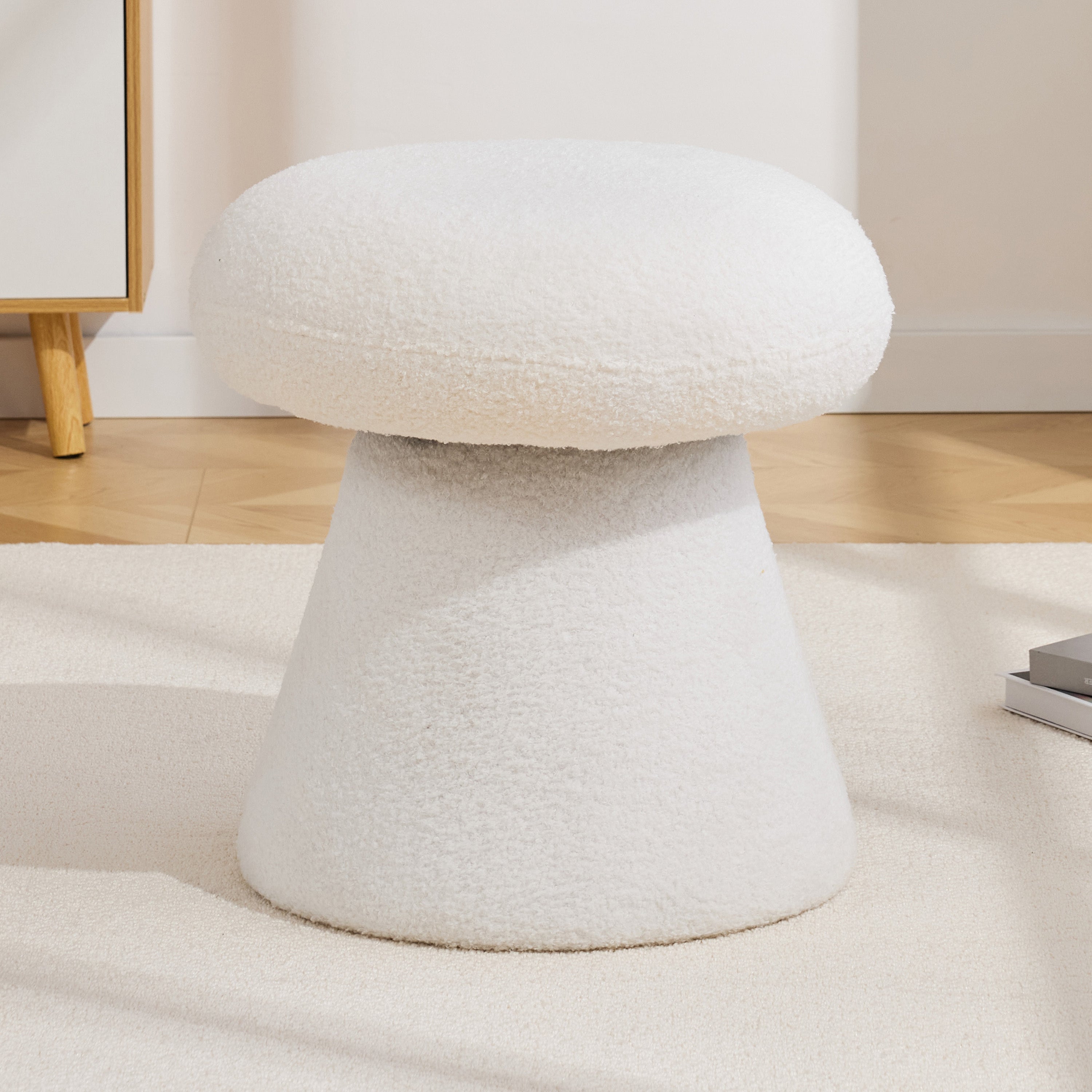066-Teddy Fabric Soft-padded Footstool, Mushroom shaped Ottoman, Shoe-changing Stool, Makeup Stool,No Installation Required, Suitable For Bedrooms, Living Rooms, Powder Rooms Or Entrances, White