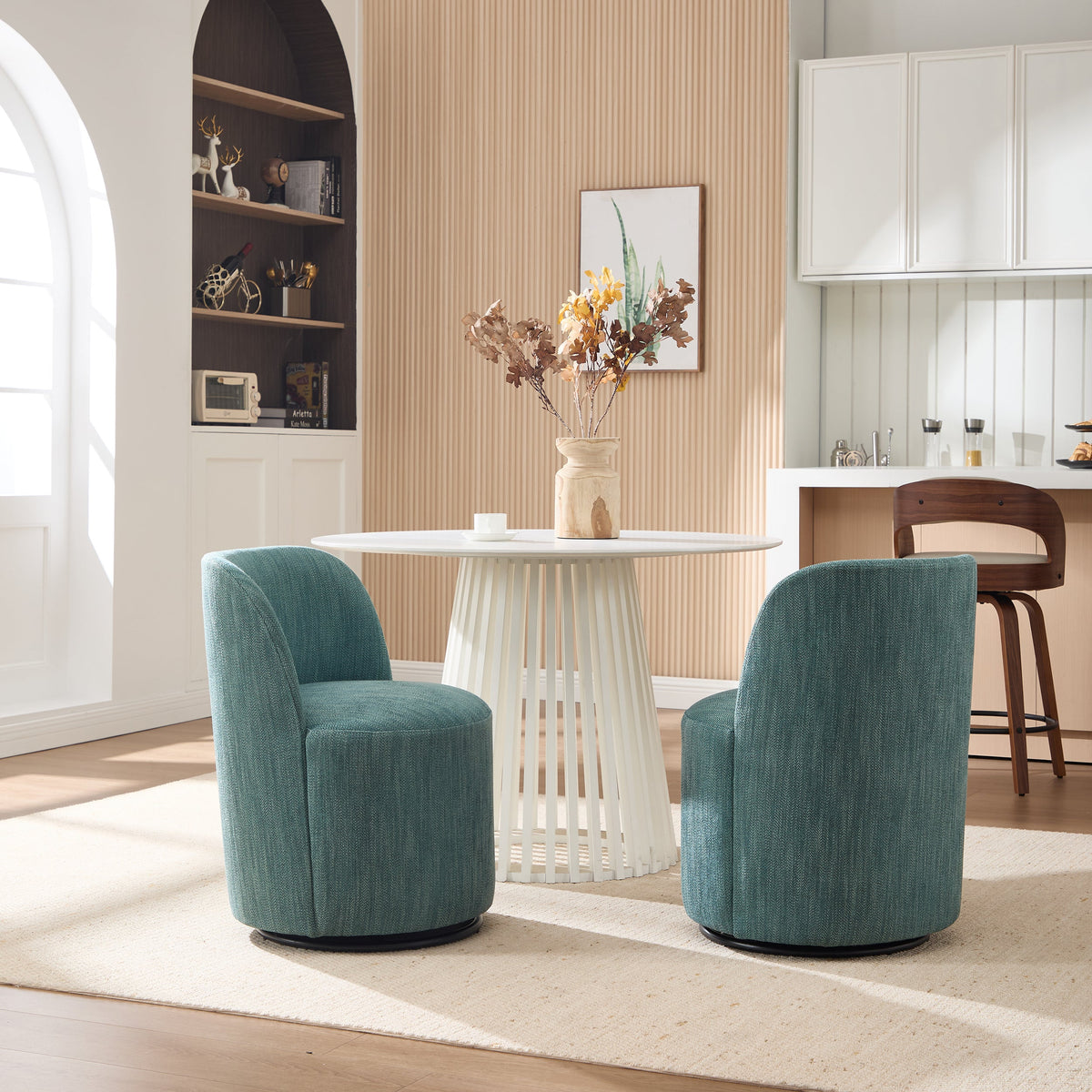 Set Of 1 Upholstered Kitchen & Dining Room Barrel Chair, Mid Century Modern Round Linen Dining Chair, 360 Degree Swivel Comfy Armless Accent Makeup Vanity Side Chair for Bedroom Living Room