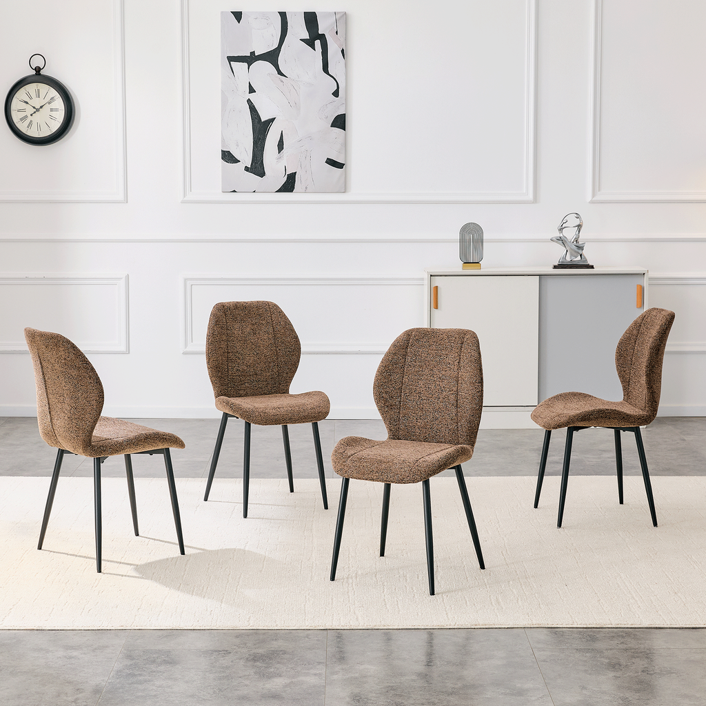 4 sets of retro and minimalist brown fabric dining chairs with spacious and comfortable cushions.Black metal legs and adjustable feet, suitable for dining room, study & office ,etc.