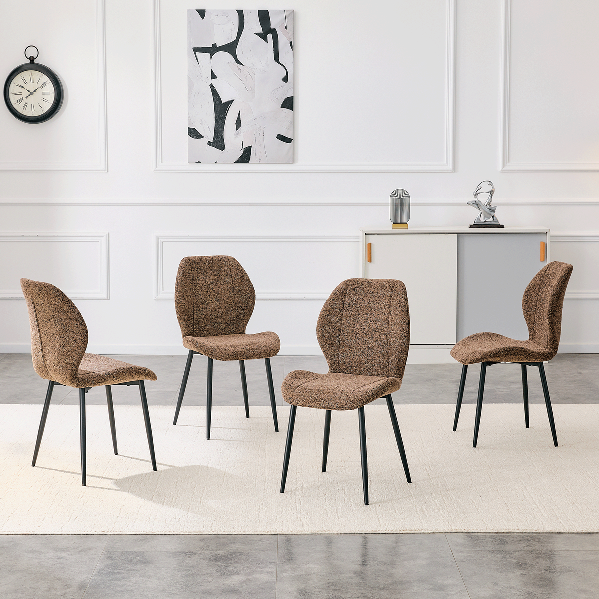 4 sets of retro and minimalist brown fabric dining chairs with spacious and comfortable cushions.Black metal legs and adjustable feet, suitable for dining room, study & office ,etc.