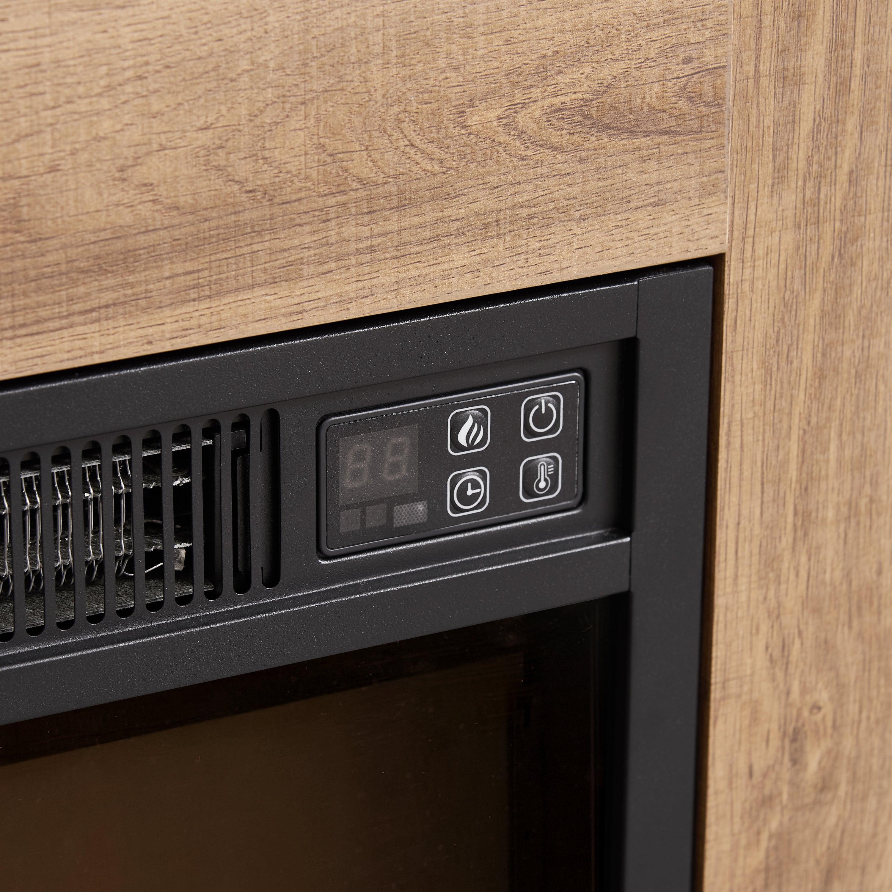 Oak TV cabinet with 18-inch fireplace insert angle view