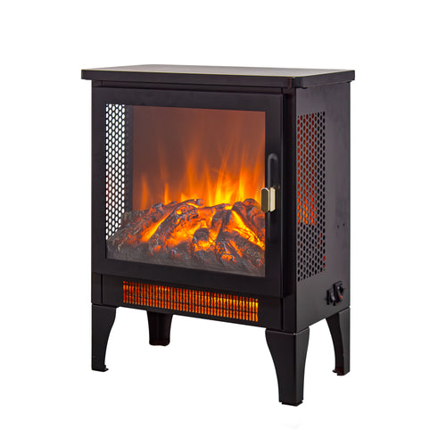 Black 18 inch freestanding electric fireplace stove 3D flame front view
