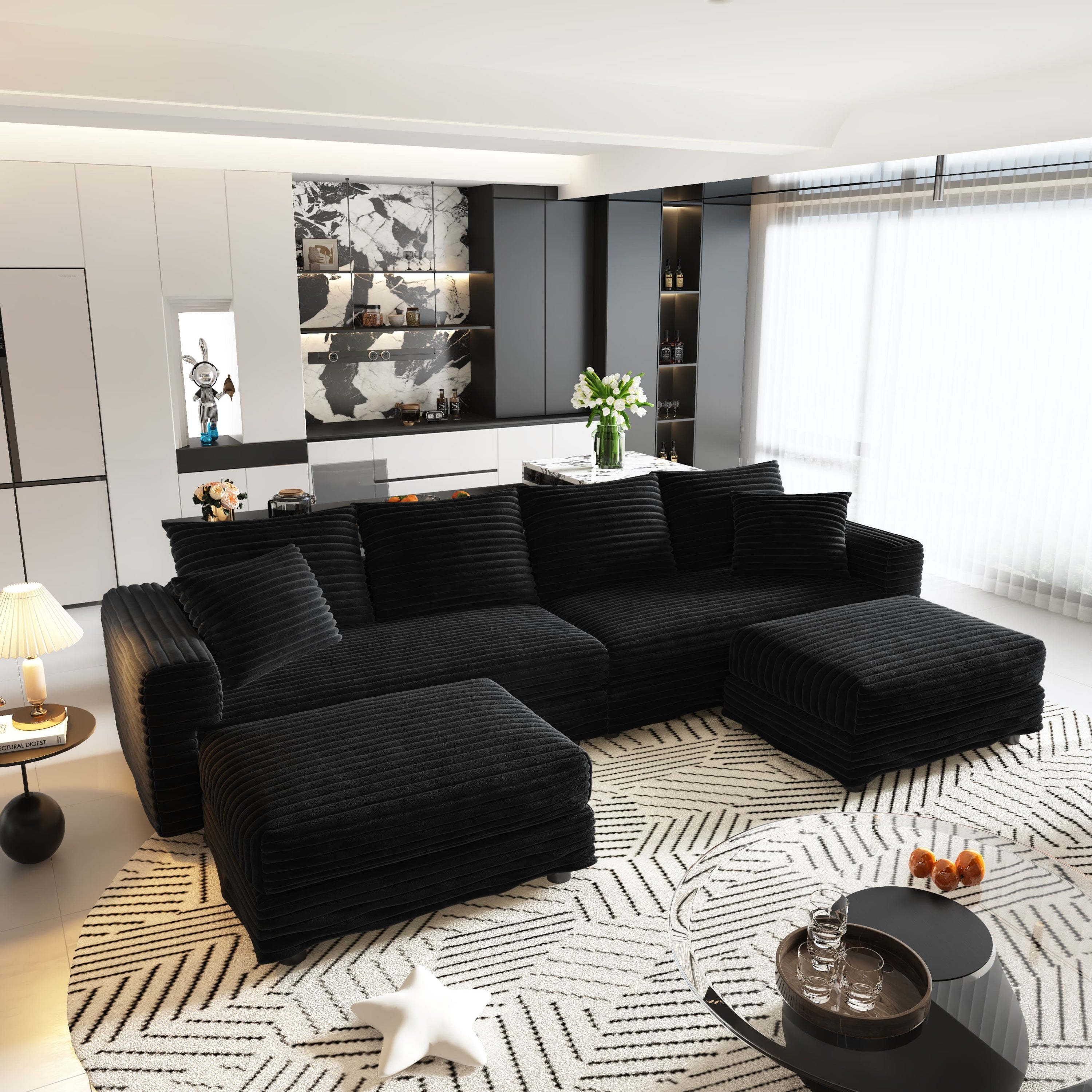 102.4 'Plush Corduroy 4-Seat Sofa,Modern Comfy Upholstered Sofa Cloud Couch,Deep Seat Couches with Soft Pillows and 3 Ottomans,Convertible Sofa Lounge Chair,Black(Old SKU:W1885S00287)