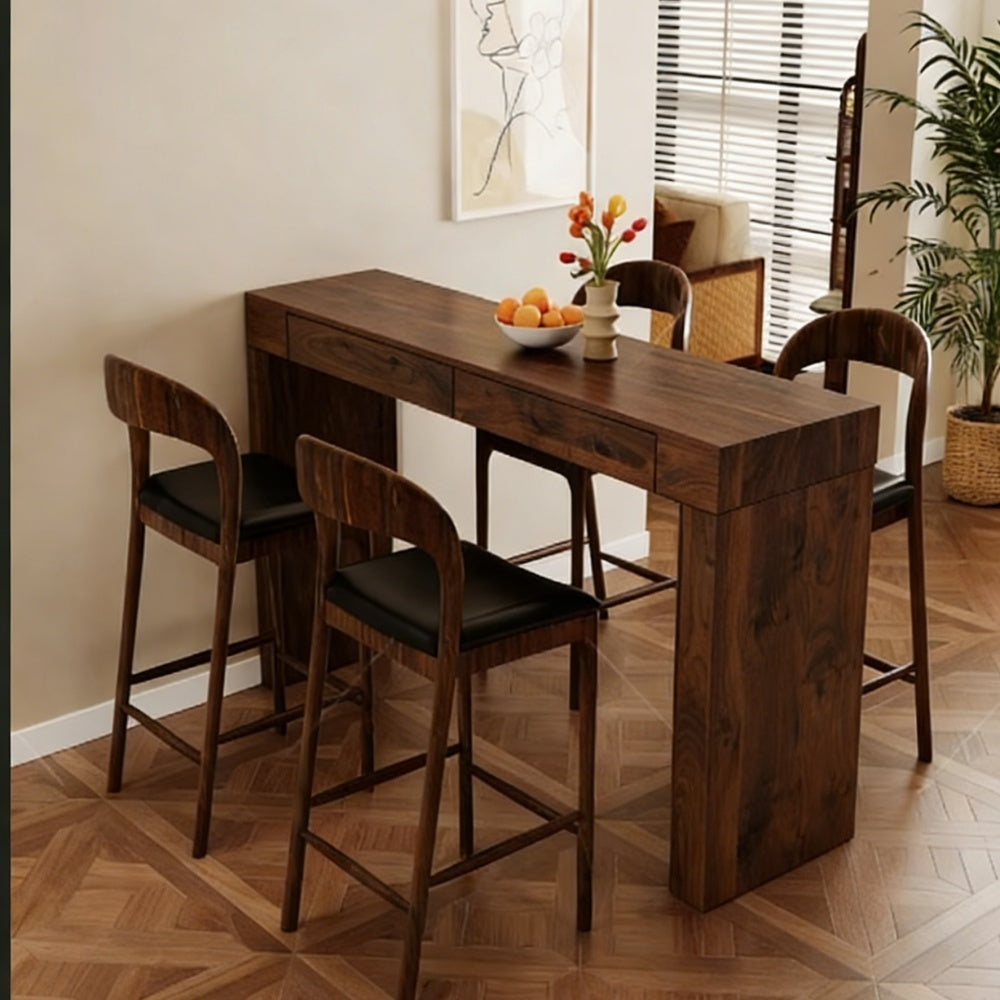Walnut bar table two drawer storage front angle