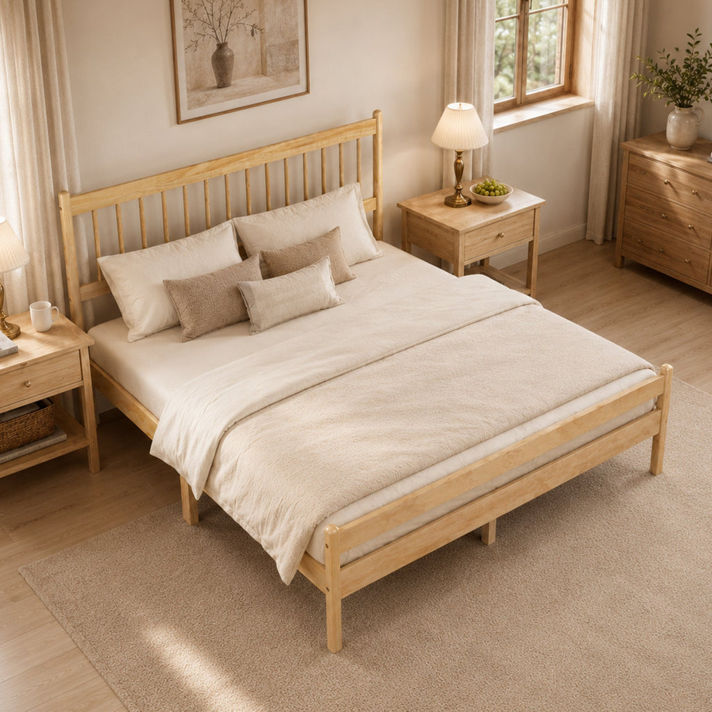 Traditional Style Queen Size Bed with Headboard and Footboard, Pinewood Bed with Strengthened Bed Frame ,Walnut