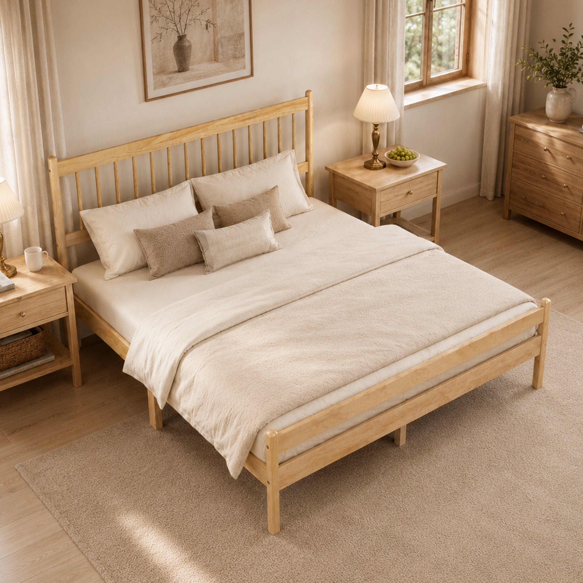 Traditional Style Queen Size Bed with Headboard and Footboard, Pinewood Bed with Strengthened Bed Frame ,Walnut