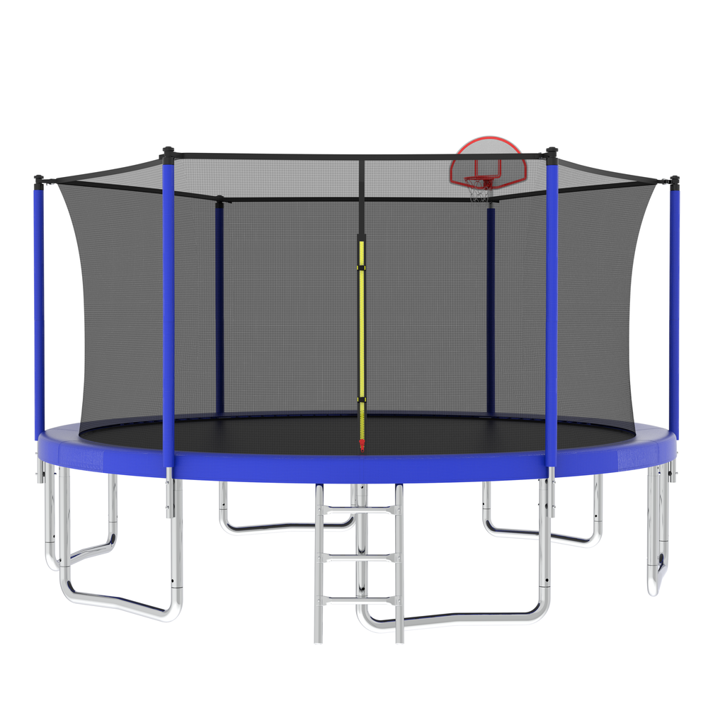 Blue 14-foot outdoor trampoline with basketball hoop — front view