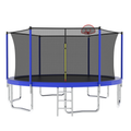 Blue 14-foot outdoor trampoline with basketball hoop — front view