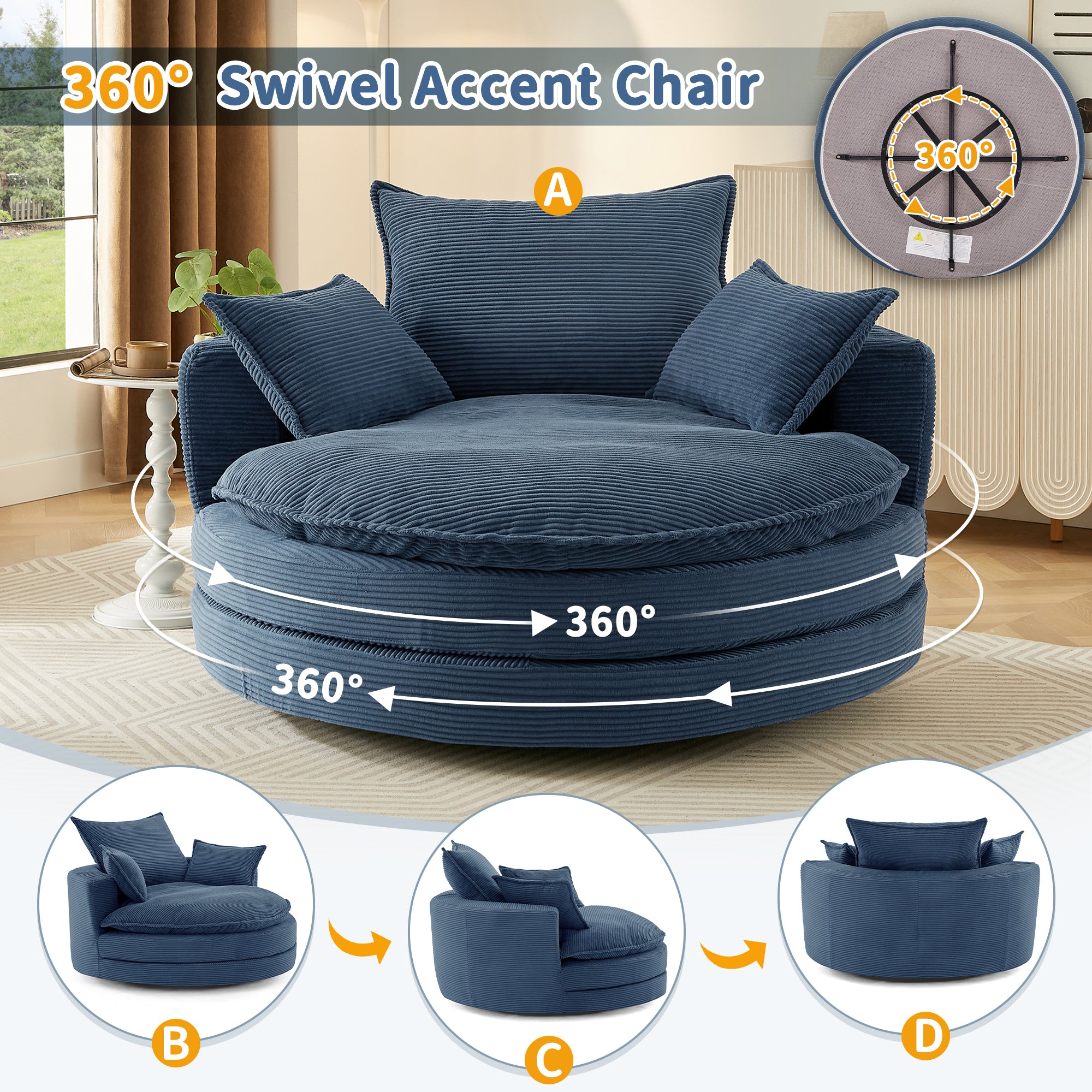 Oversized accent chair with three removable pillows detail