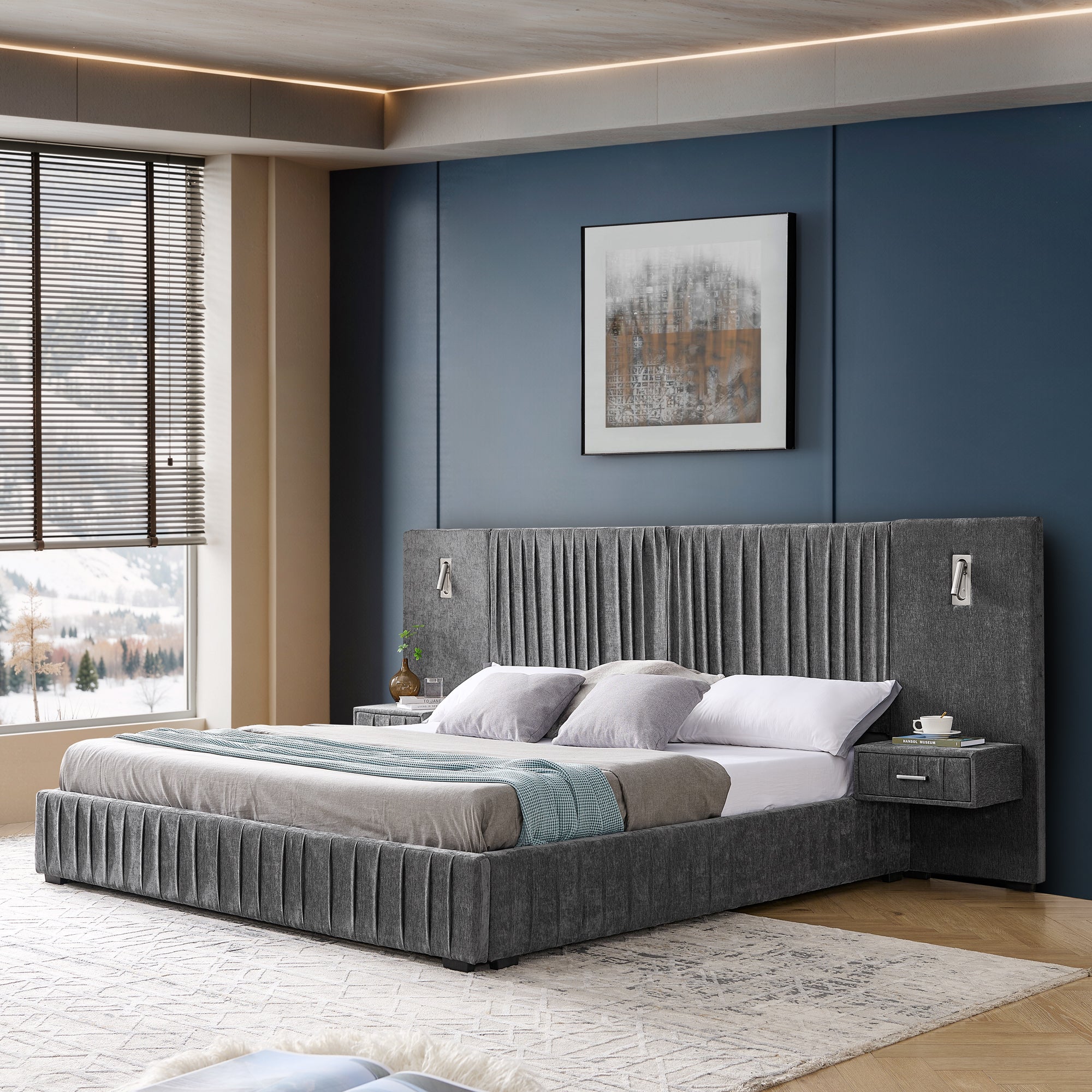 King Size Upholstered Bed Frame with Chenille fabric with pleated design,Grounded King Size Platform Bed with Headboard and Solid Frame and the bedside table.No Box Spring Needed-Blue-Green