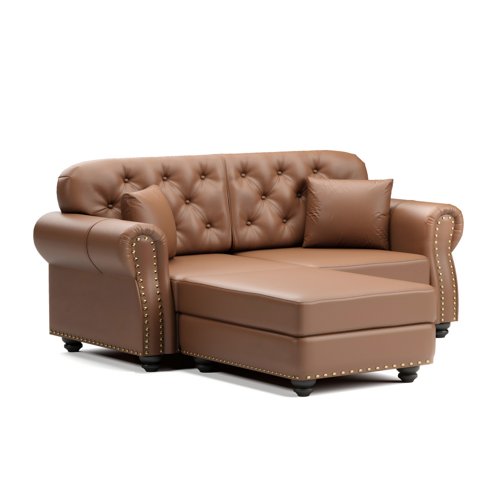 82.6'Upholstered Faux Leather Sofa with Nailhead Trim and Rolled Armrests,Mid-Century Modern Chesterfield Sofa with Button Tufted,Includes 3 Pillows,Black