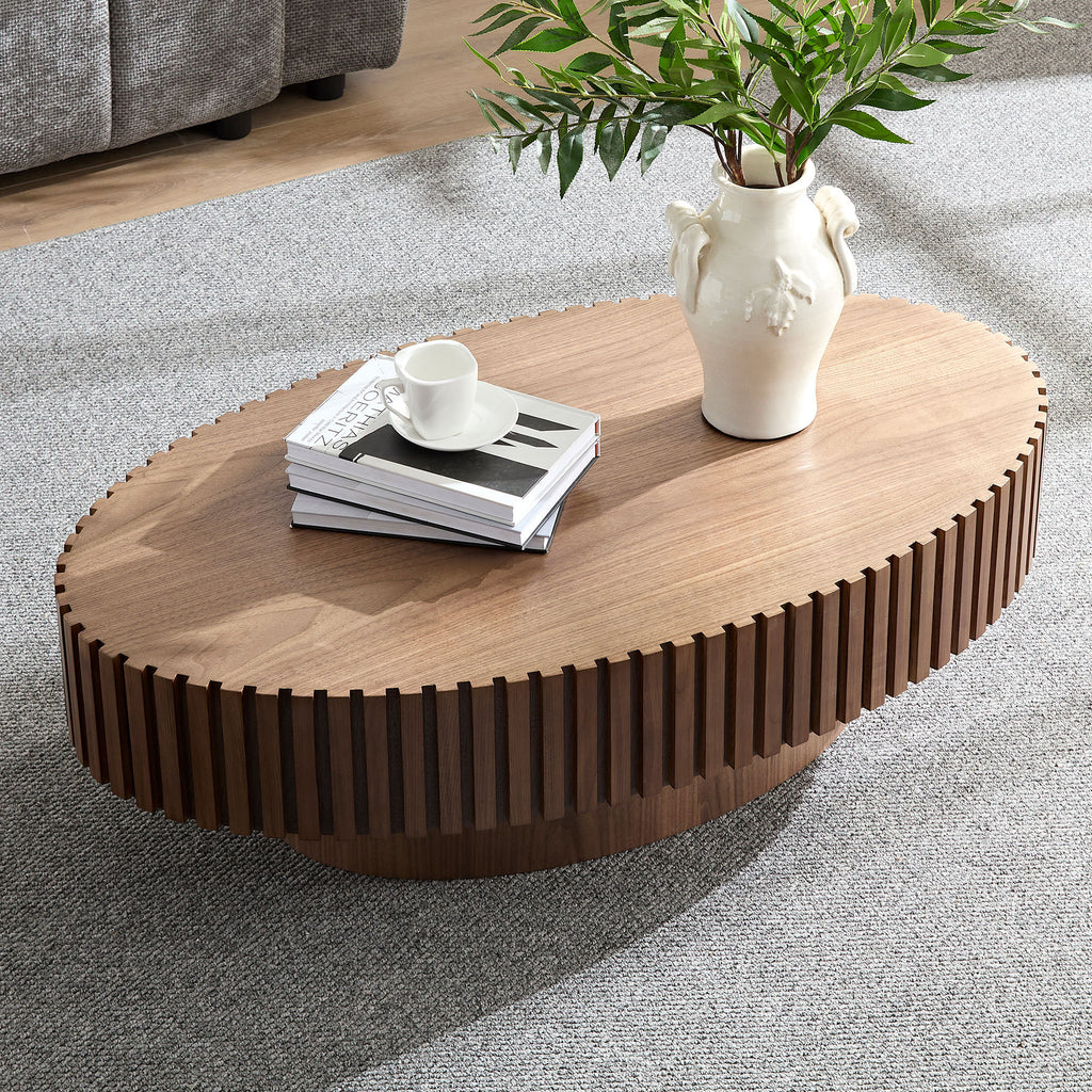 Walnut drum coffee table pedestal base detail
