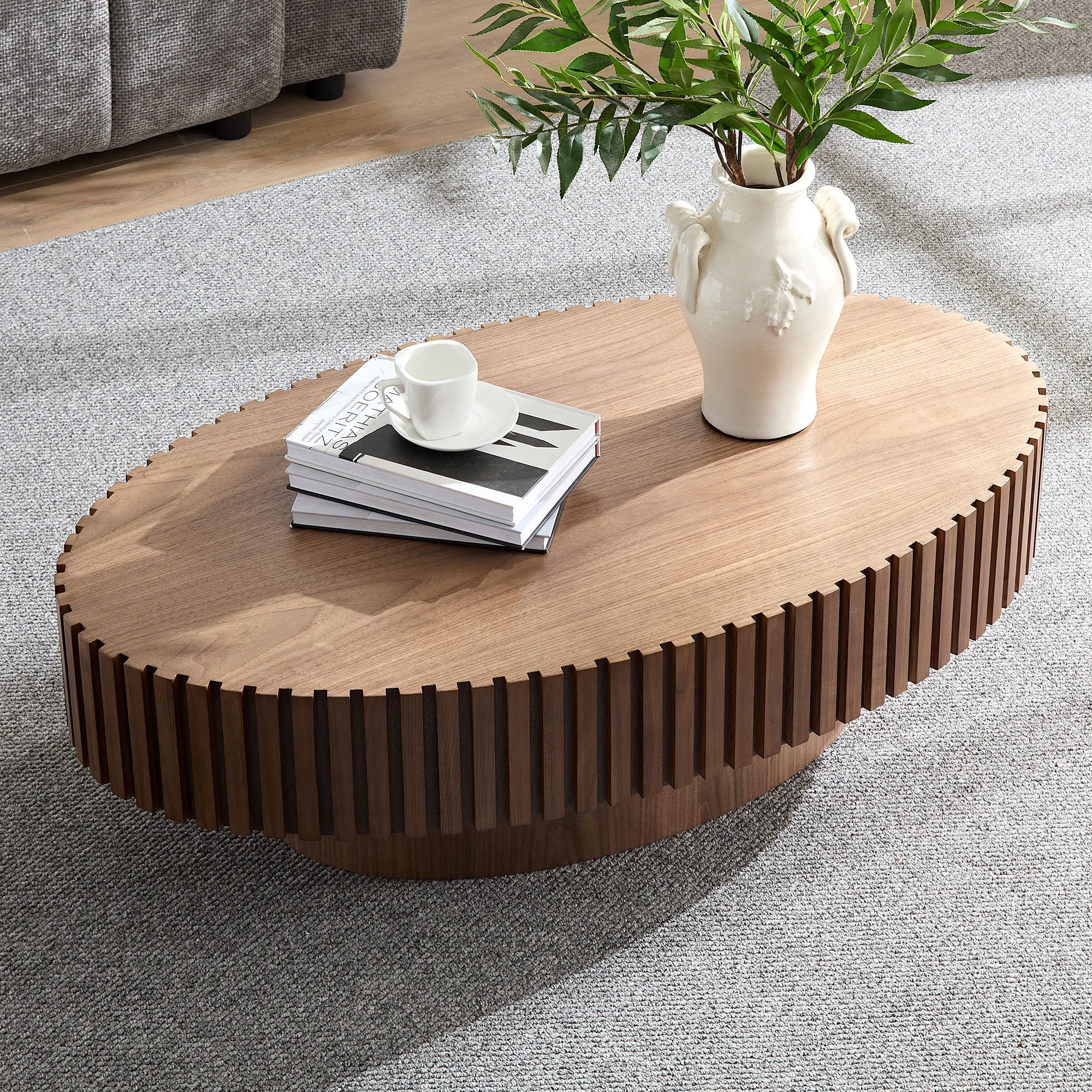 Walnut drum coffee table pedestal base detail
