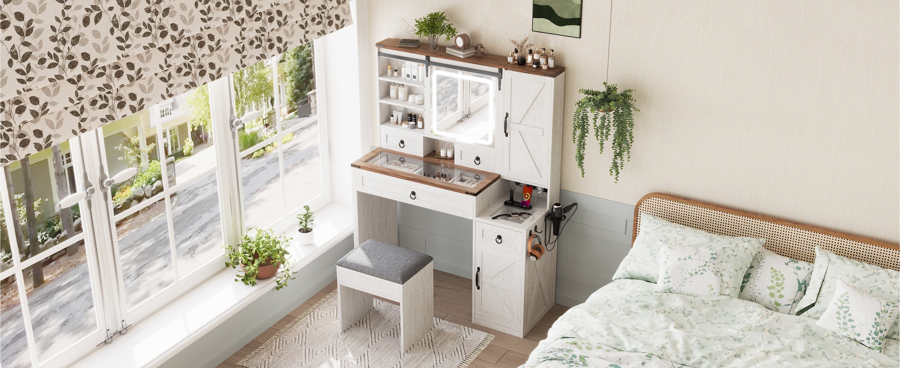 Farmhouse Vanity Desk with Sliding Mirror and Lights, Vanity Set with Glass Top and Charging Station ,Dressing Table with 4 Drawers and 2 Cabinets, Dressing Table with Stool for Bedroom, Gray