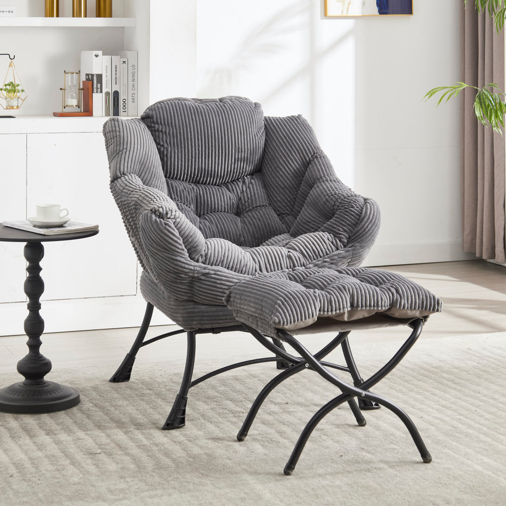 Gray lazy lounge chair with matching ottoman — styled corner