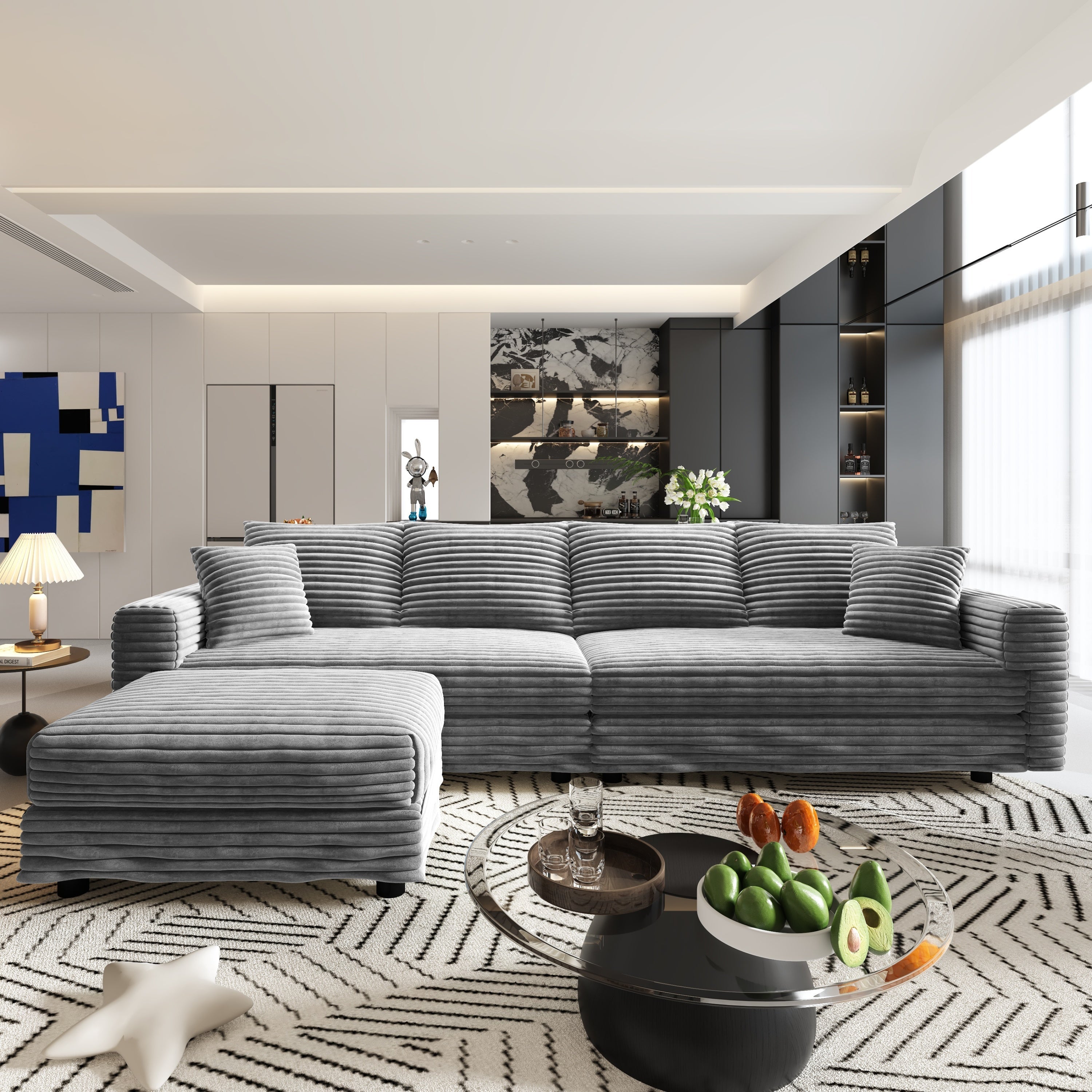 102.4 'Plush Corduroy 4-Seat Sofa,Modern Comfy Upholstered Sofa Cloud Couch,Deep Seat Couches with Soft Pillows and 3 Ottomans,Convertible Sofa Lounge Chair,Black(Old SKU:W1885S00287)