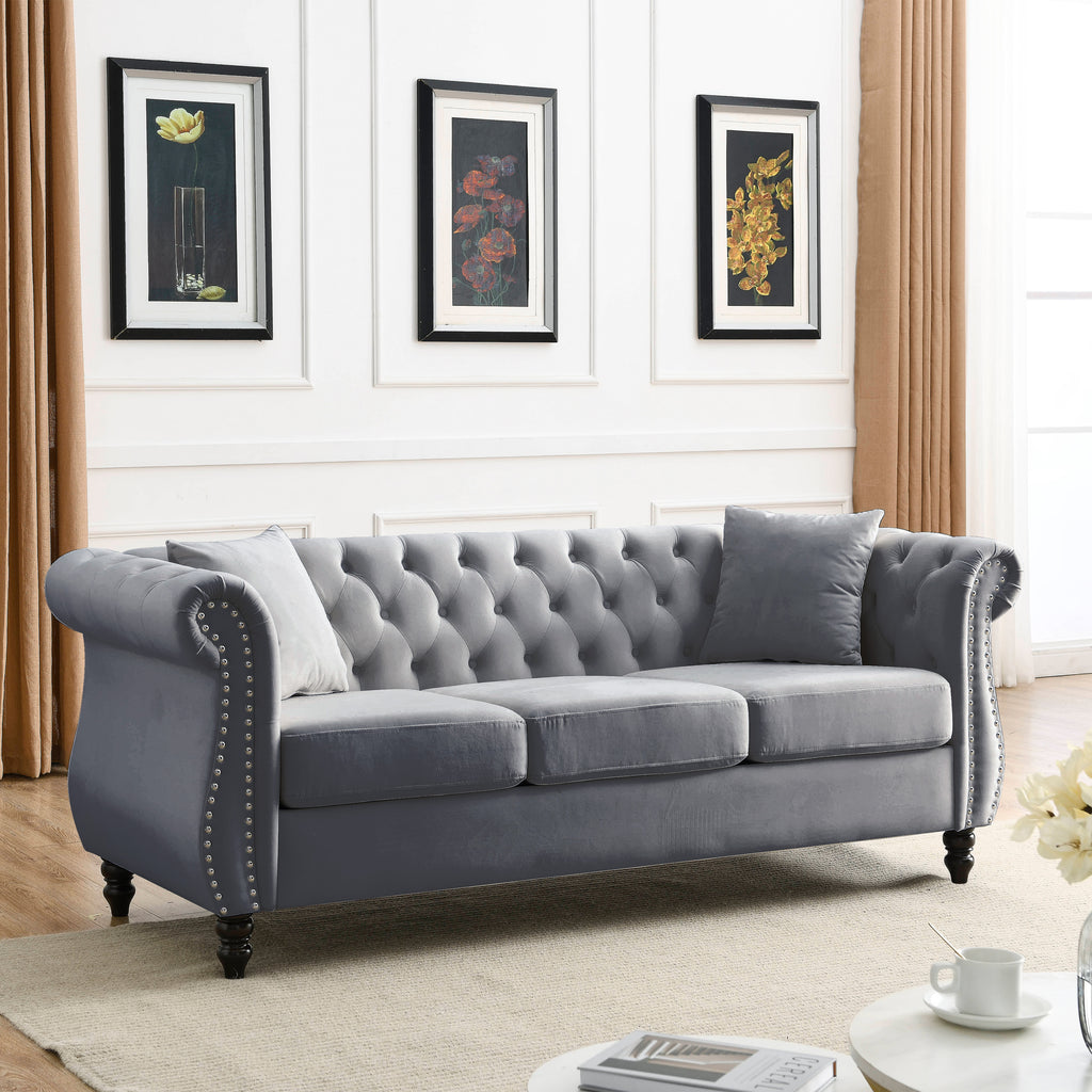Grey velvet 3-seater sofa side profile