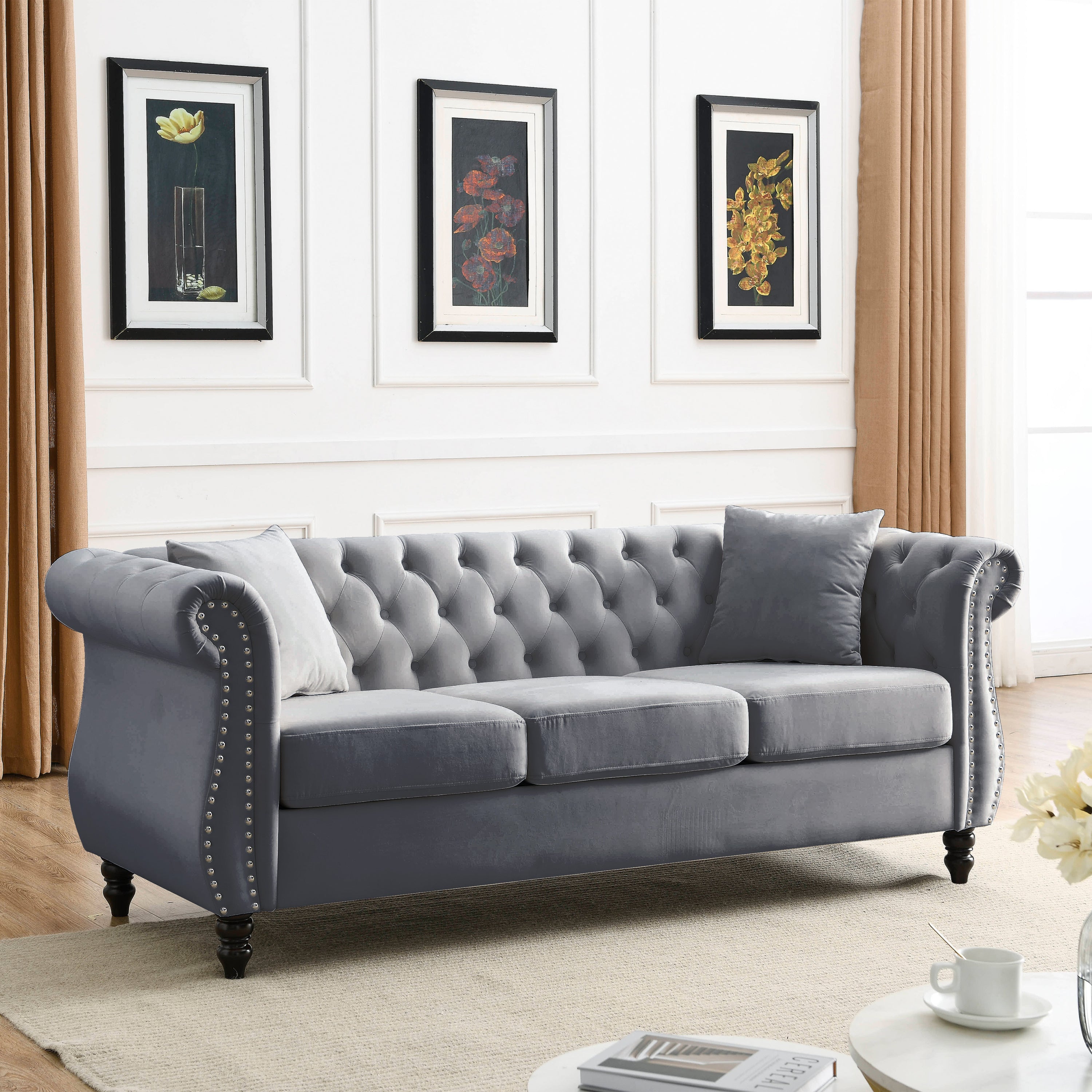 Grey velvet 3-seater sofa side profile