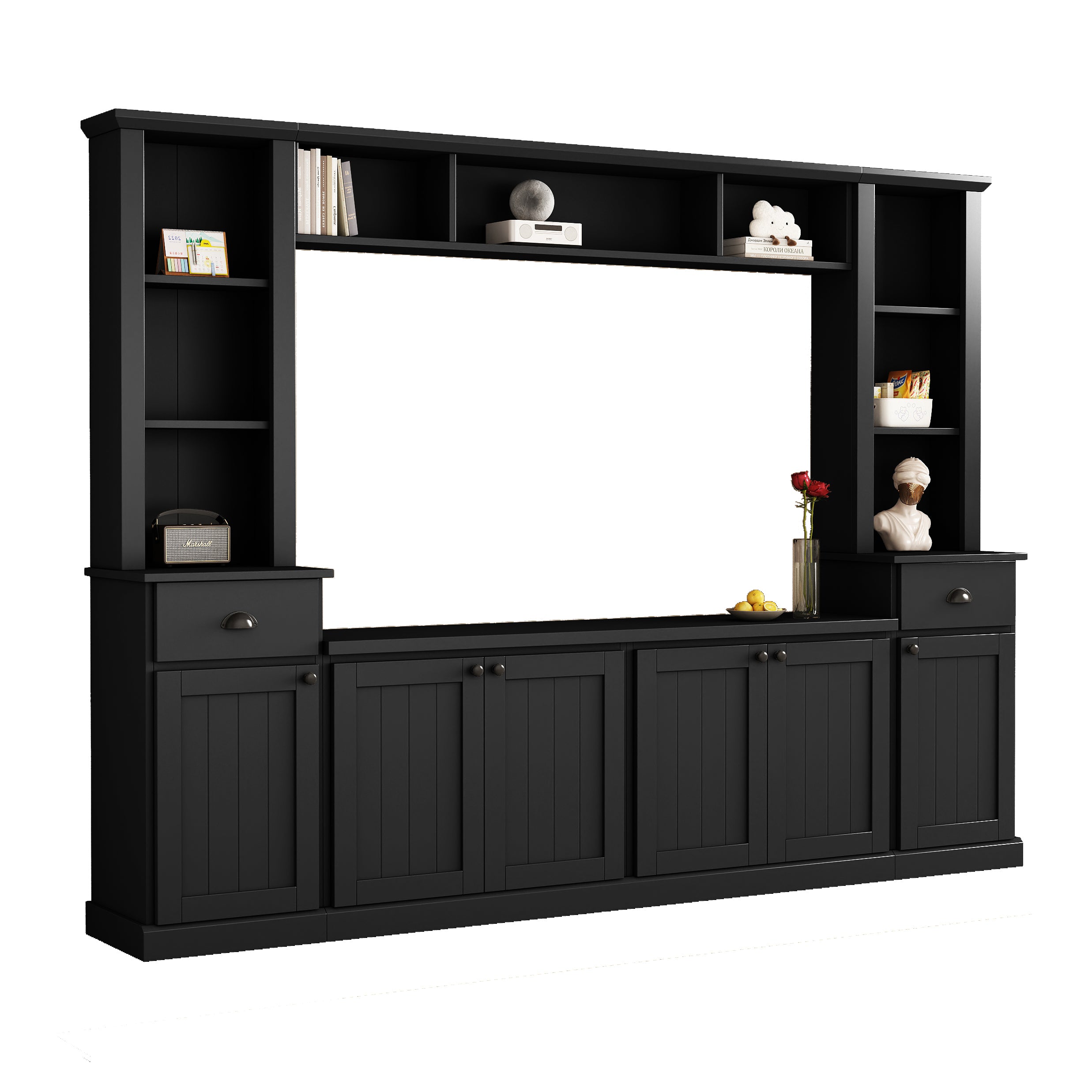Entertainment center bridge-top design on black wall unit