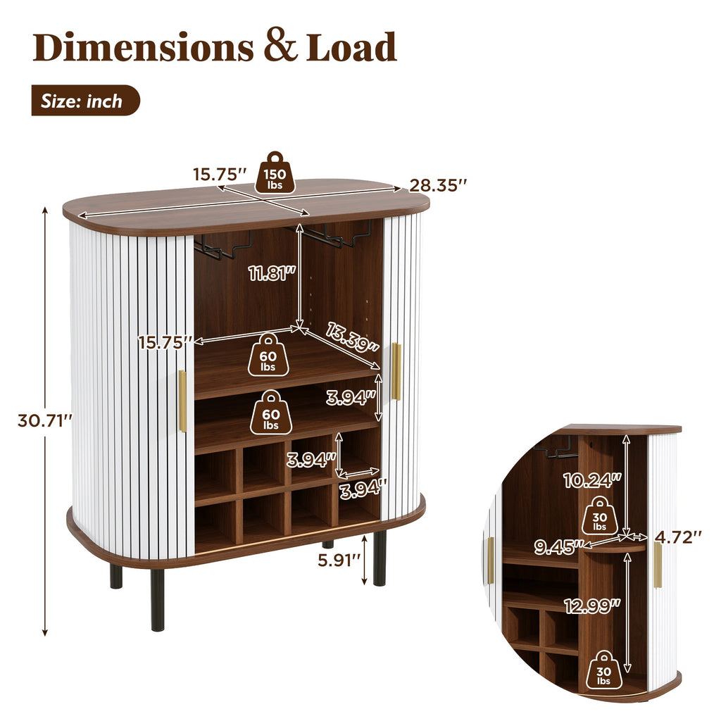28' Fluted Wine Bar Cabinet with 8-Grid Wine Rack, 5-Level Adjustable Shelves, 2 Glass Holders, Smoothly Sliding Tambour Doors, 4 Hidden Storage Space on the Side, Modern Liquor Coffee Station, Black