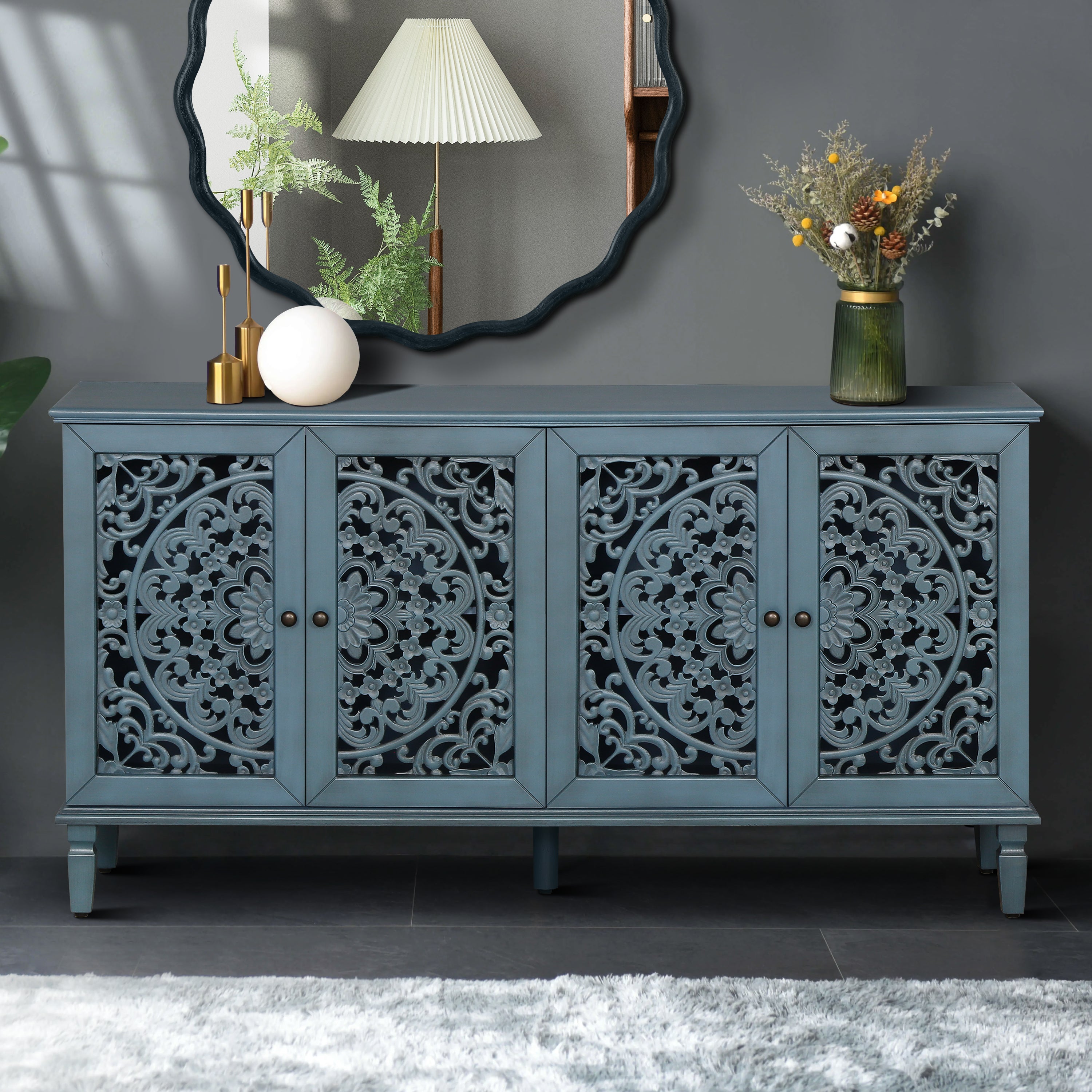 Antique blue farmhouse buffet cabinet floral carvings — front view